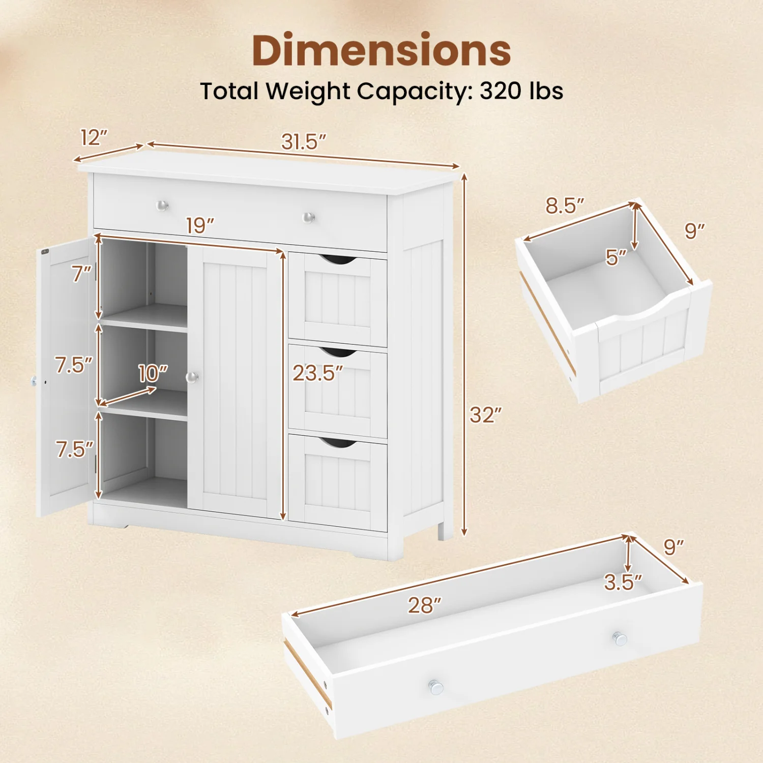 Bathroom Floor Cabinet with 4 Drawers with 2 Doors and Adjustable Shelf, White - Image 4
