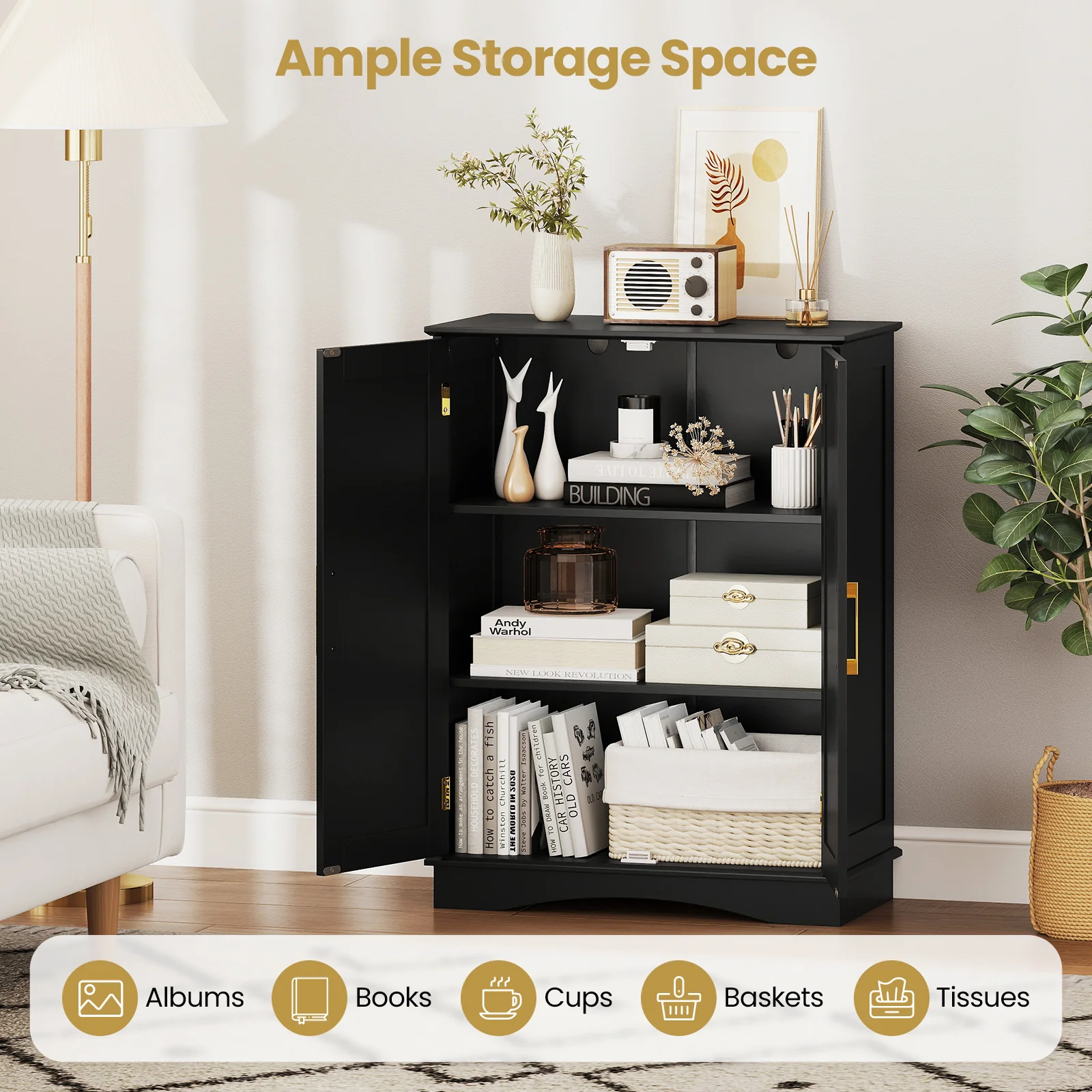 Bathroom Floor Storage Cabinet, 2 Doors, Adjustable Shelves, Black - Image 10