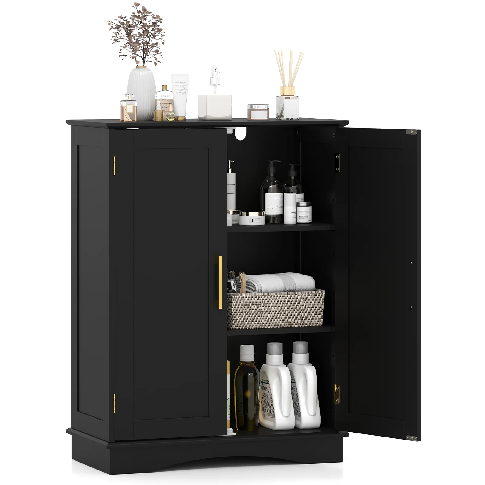 Bathroom Floor Storage Cabinet, 2 Doors, Adjustable Shelves, Black - Image 4