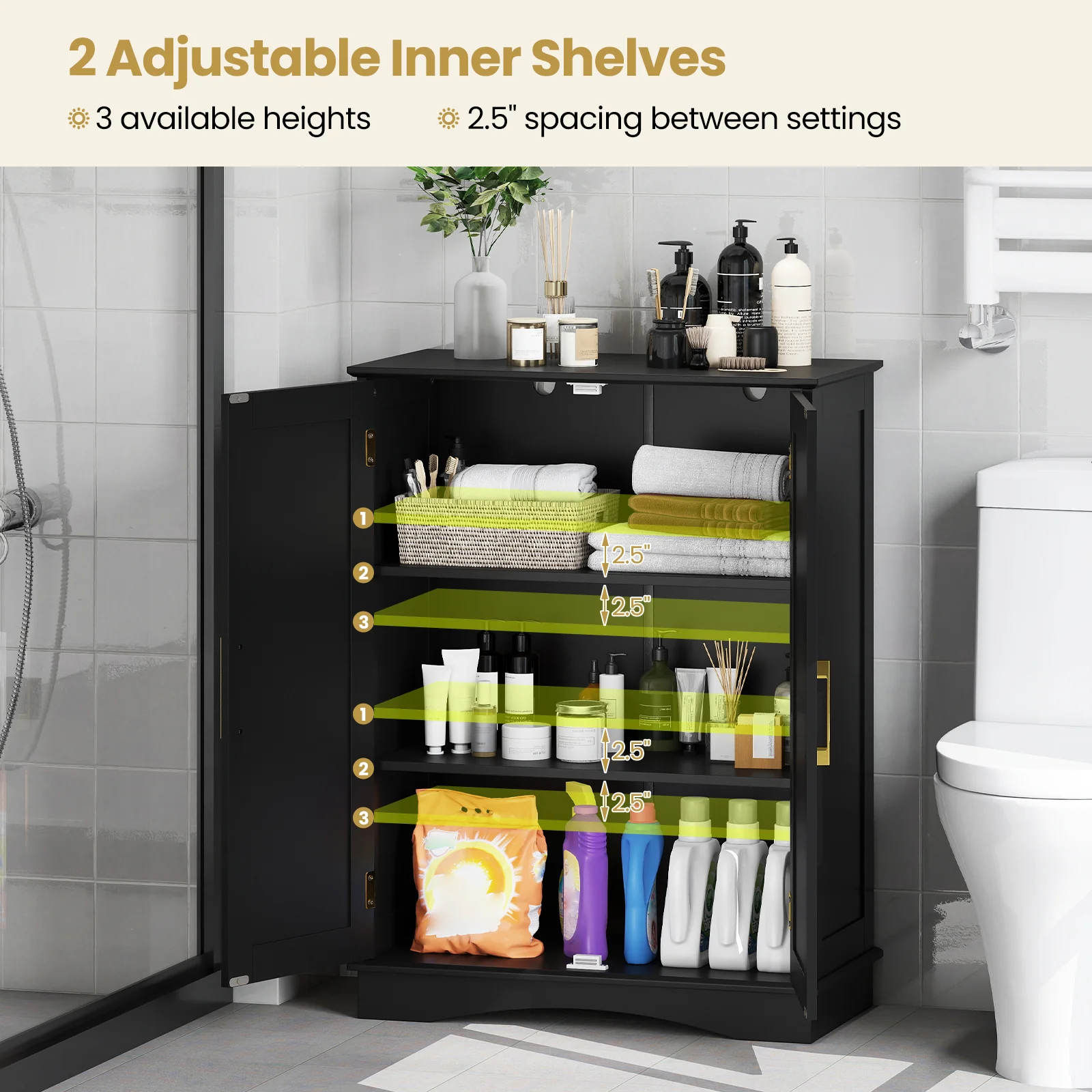 Bathroom Floor Storage Cabinet, 2 Doors, Adjustable Shelves, Black - Image 7