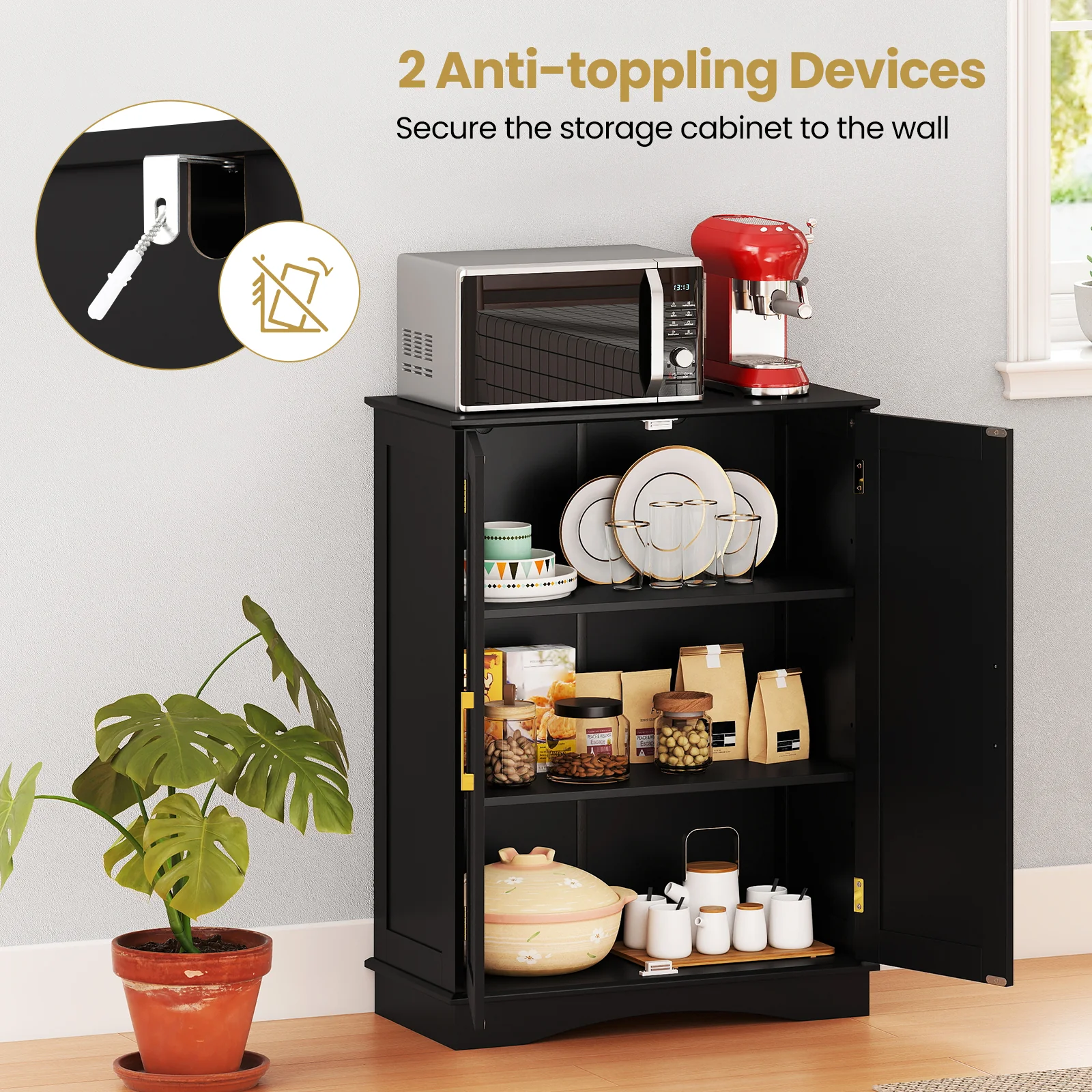 Bathroom Floor Storage Cabinet, 2 Doors, Adjustable Shelves, Black - Image 9