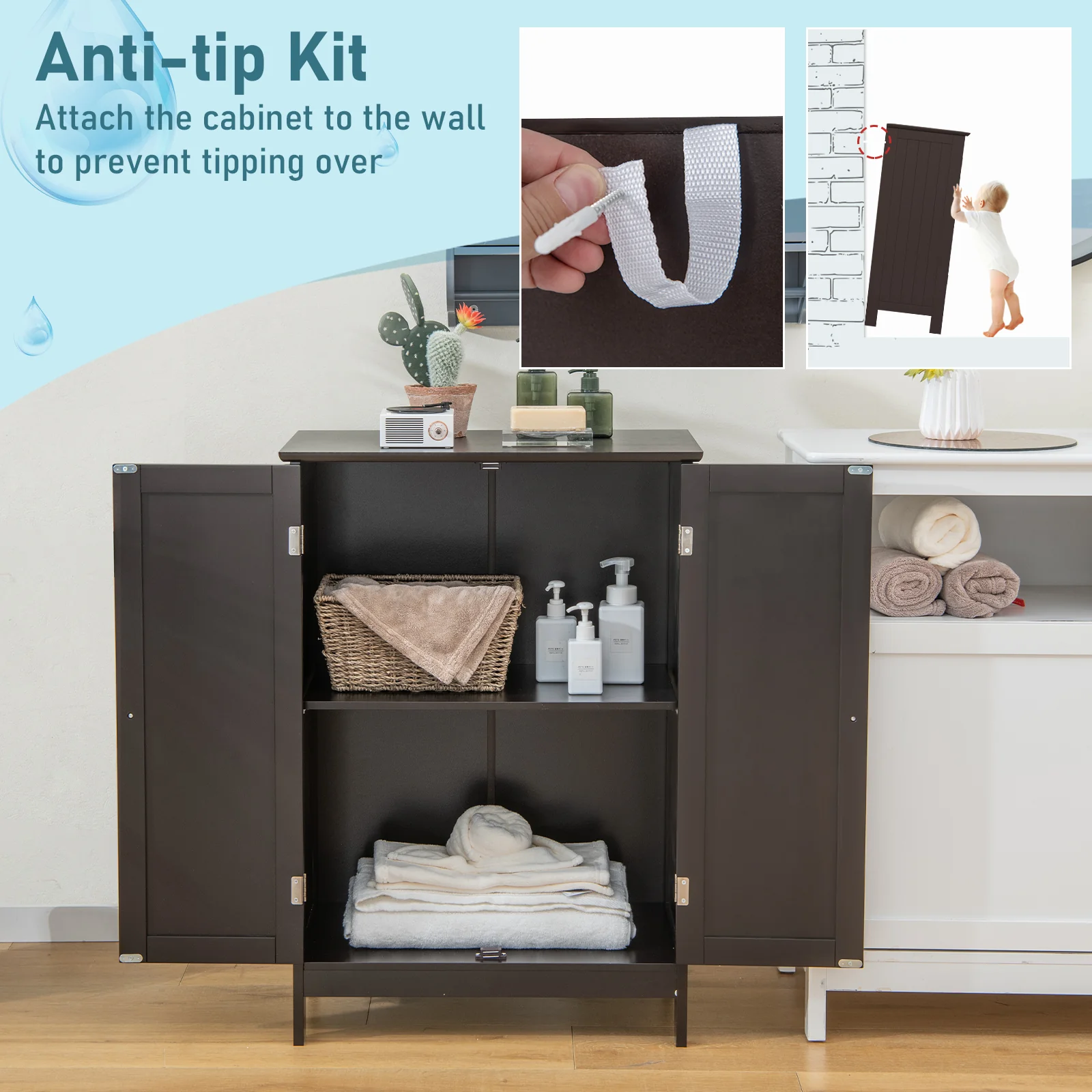 Bathroom Floor Storage Cabinet, Double Door, Brown - Image 10