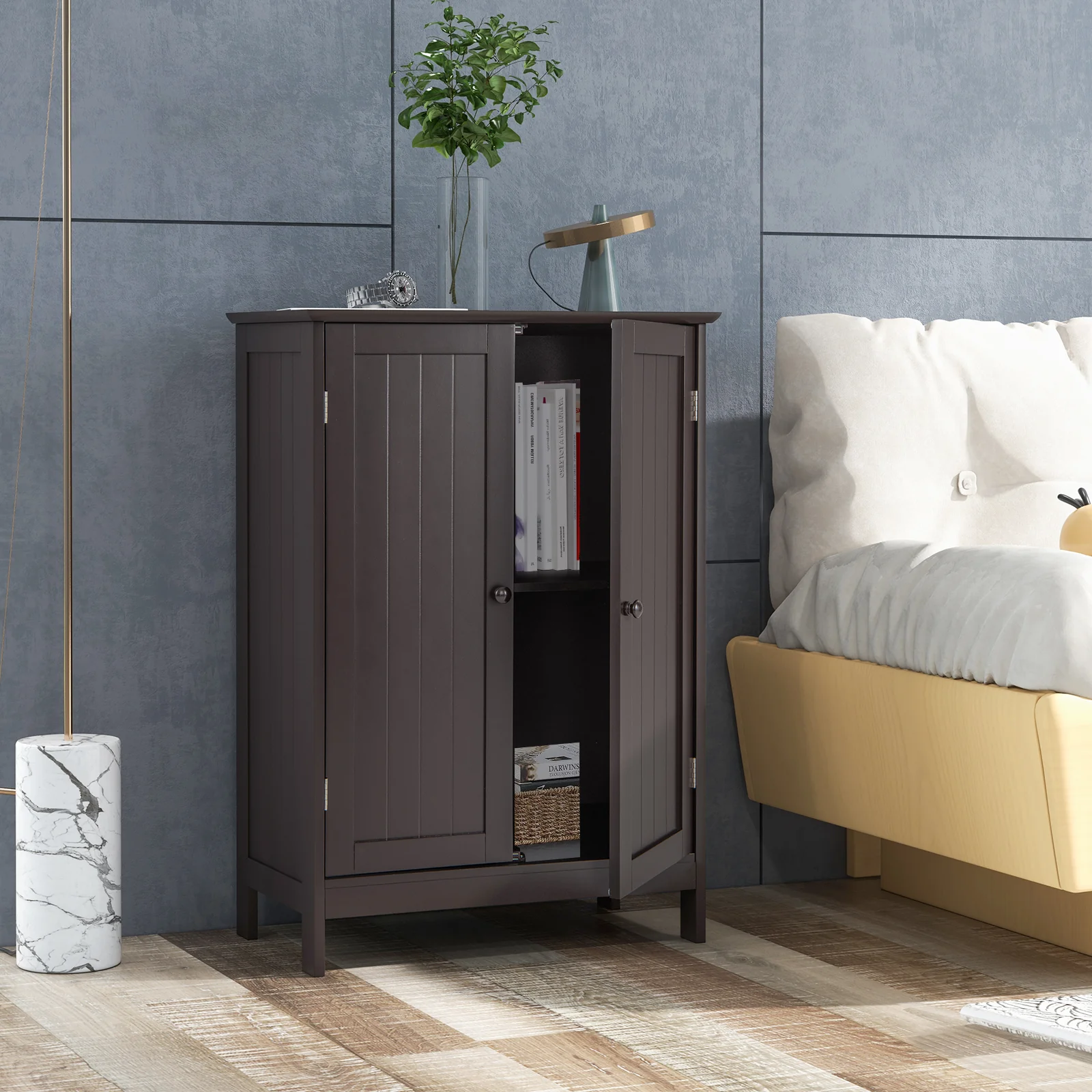 Bathroom Floor Storage Cabinet, Double Door, Brown - Image 2