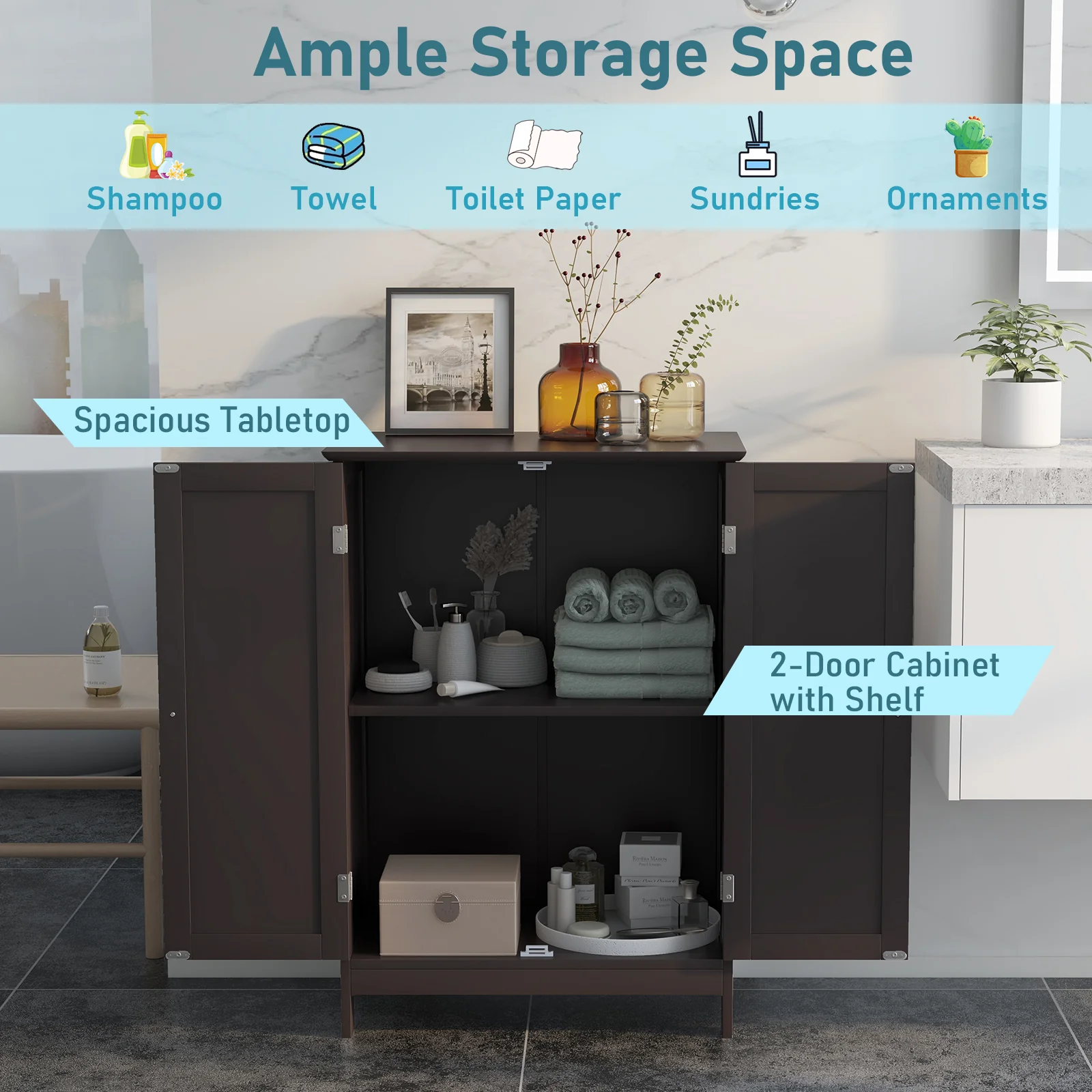 Bathroom Floor Storage Cabinet, Double Door, Brown - Image 8