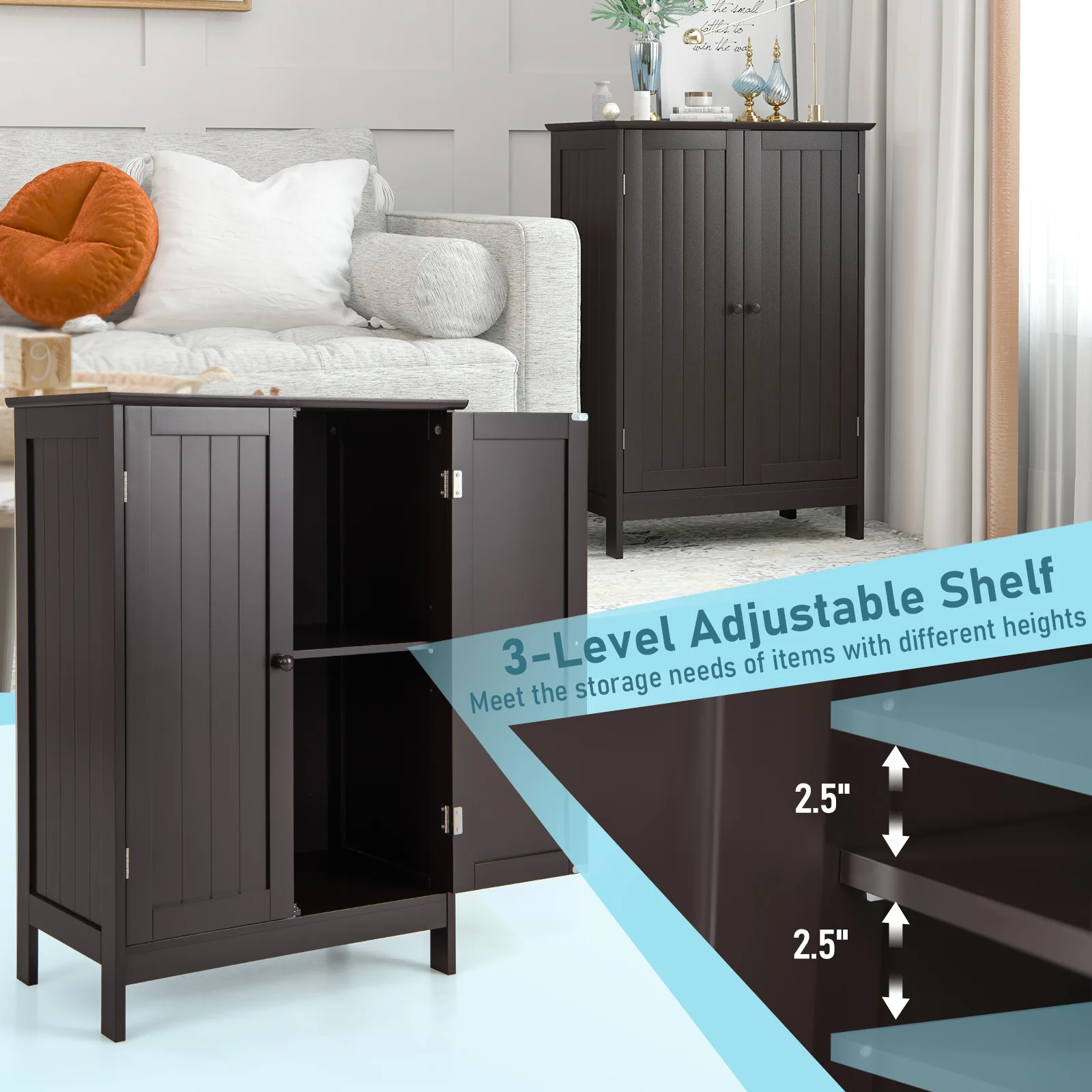 Bathroom Floor Storage Cabinet, Double Door, Brown - Image 9