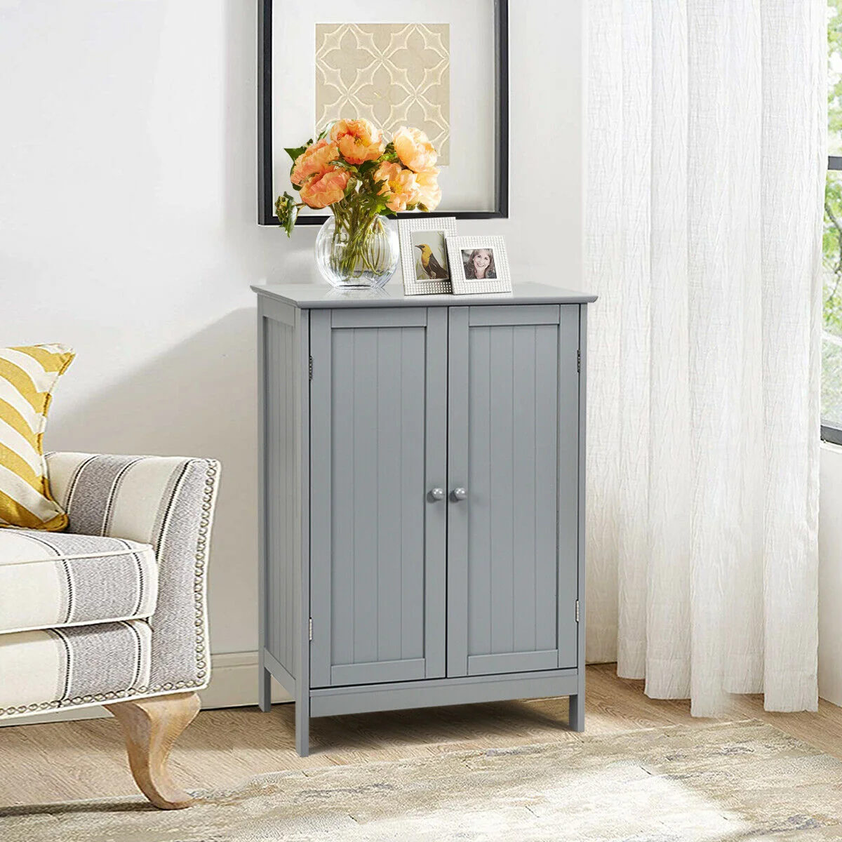 Bathroom Floor Storage Double Door Cupboard Cabinet, Gray - Image 2