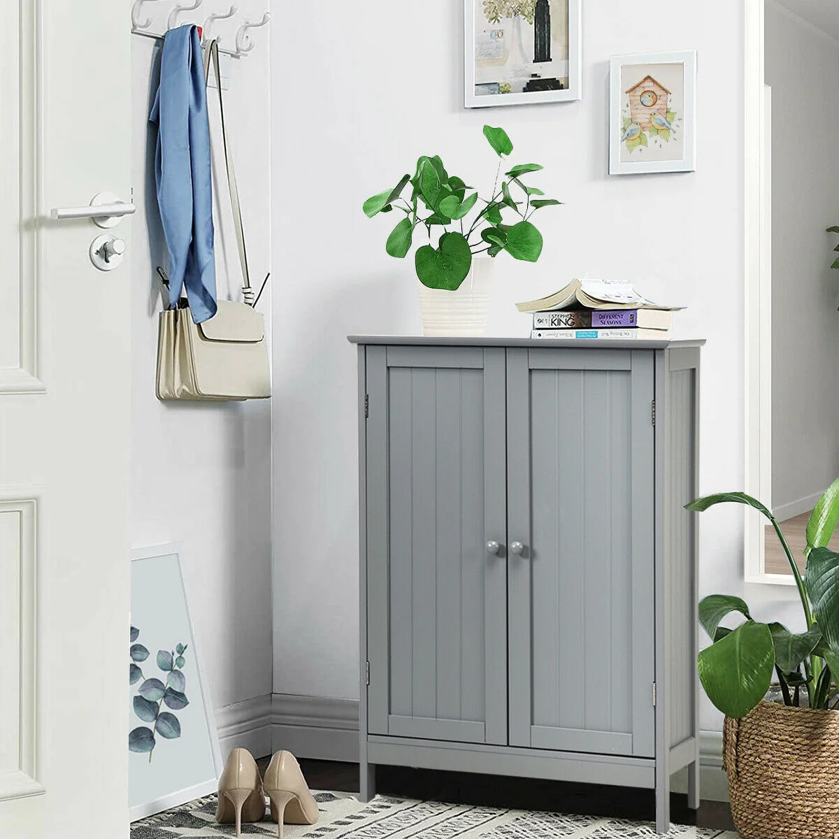 Bathroom Floor Storage Double Door Cupboard Cabinet, Gray - Image 3