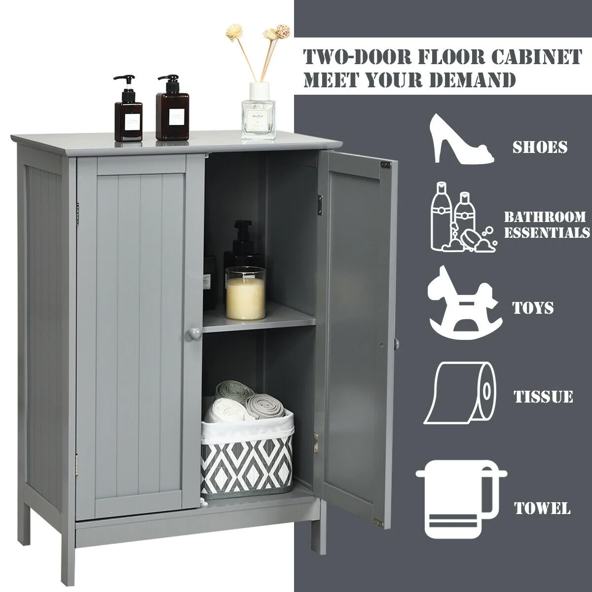 Bathroom Floor Storage Double Door Cupboard Cabinet, Gray - Image 7