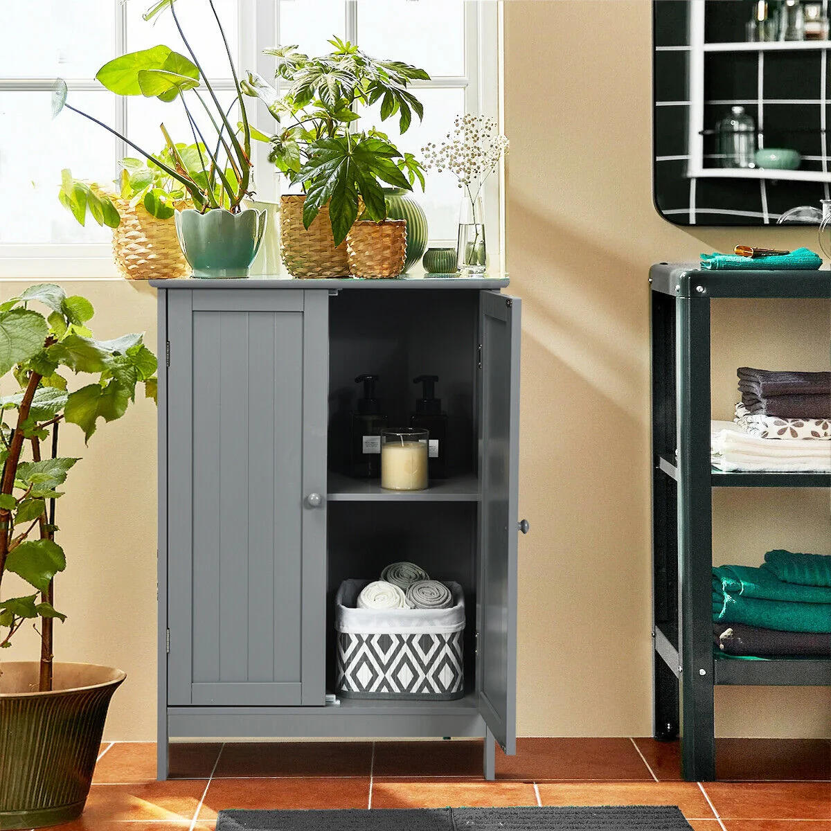 Bathroom Floor Storage Double Door Cupboard Cabinet, Gray - Image 8