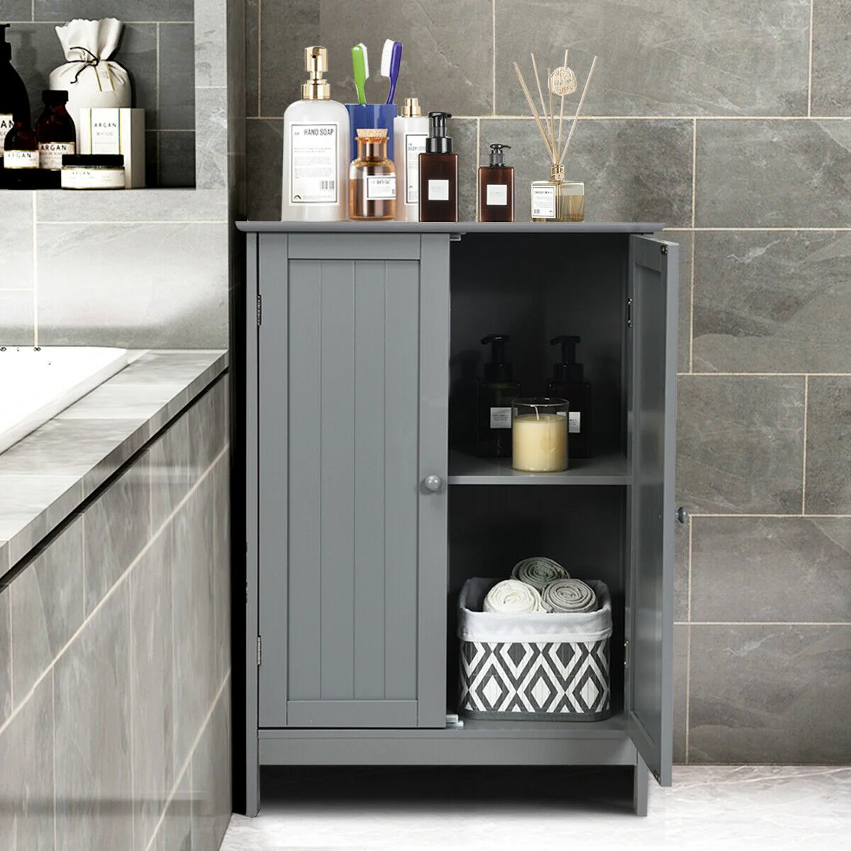 Bathroom Floor Storage Double Door Cupboard Cabinet, Gray - Image 9