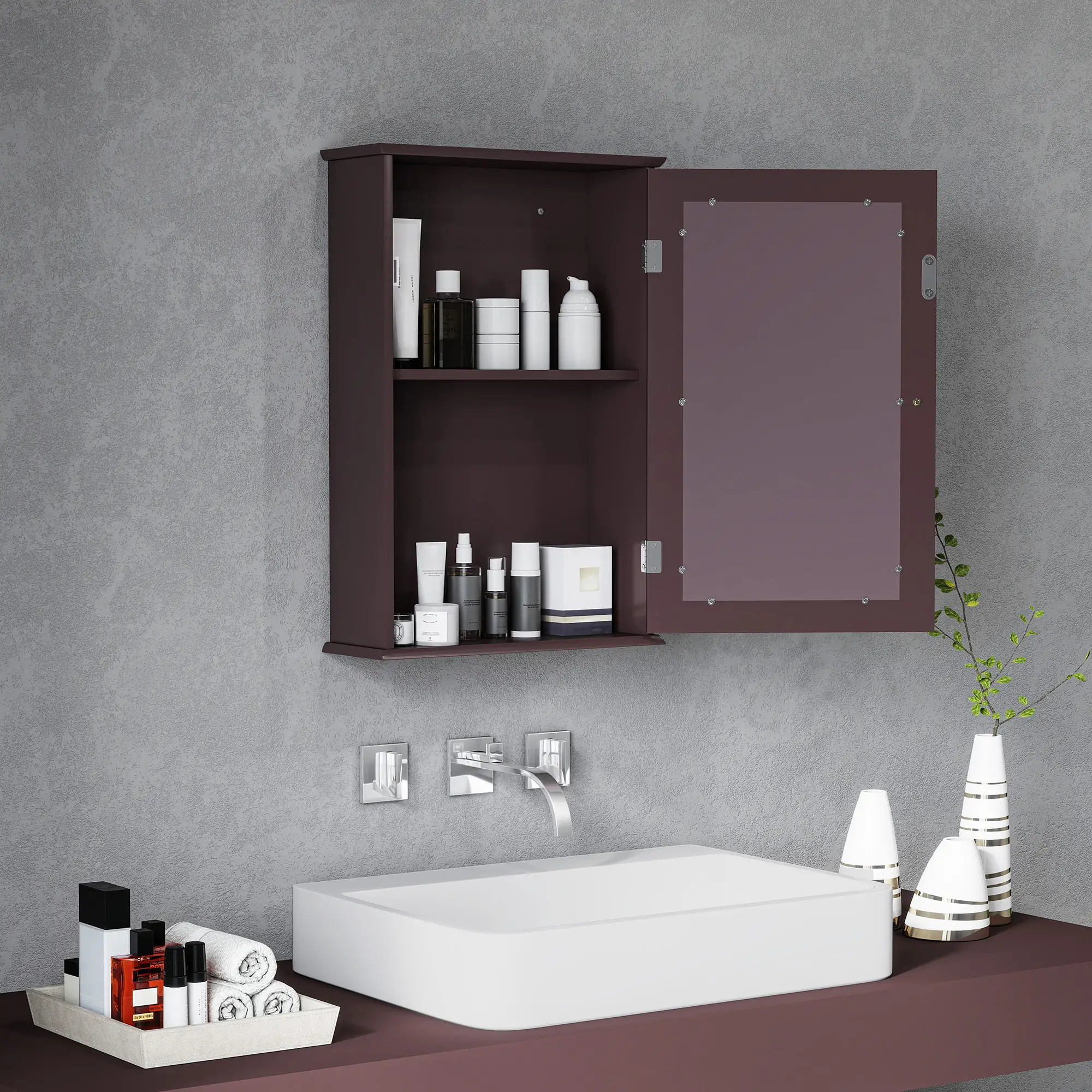 Bathroom Mirror Cabinet, Wall Mounted Medicine Cabinet, Dark Brown - Image 2