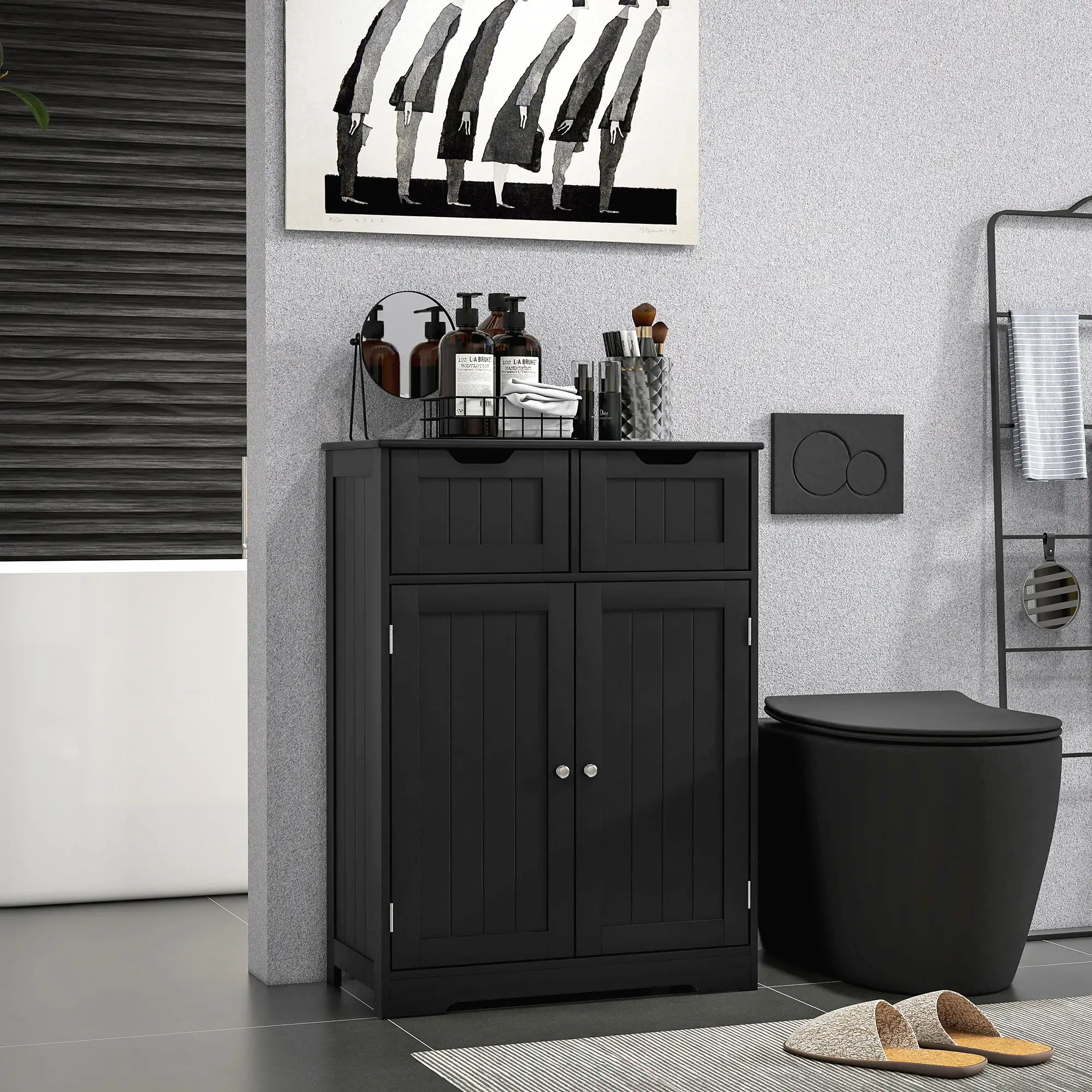 Bathroom Storage Cabinet, 2 Drawers, Adjustable Shelf, Black - Image 2