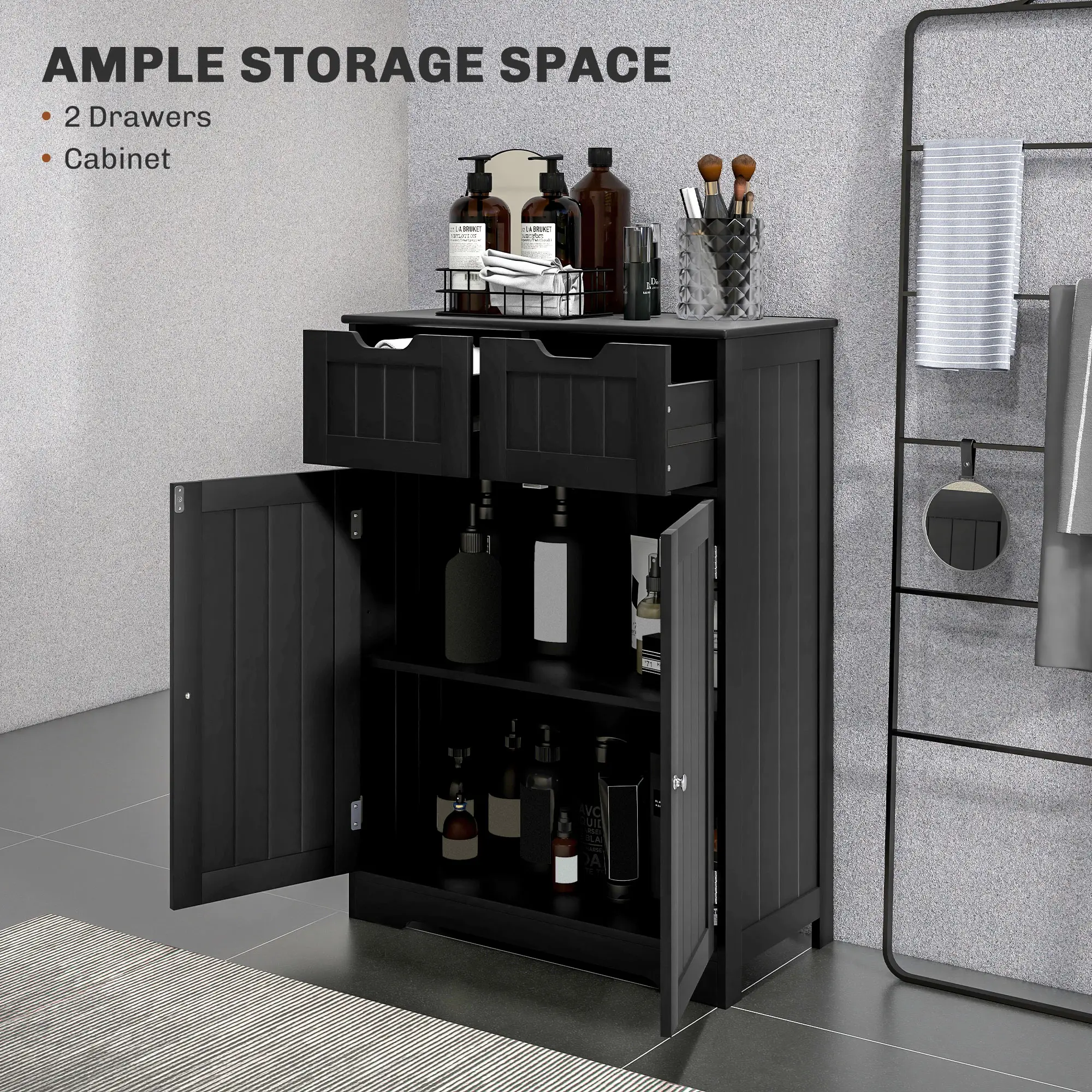 Bathroom Storage Cabinet, 2 Drawers, Adjustable Shelf, Black - Image 4