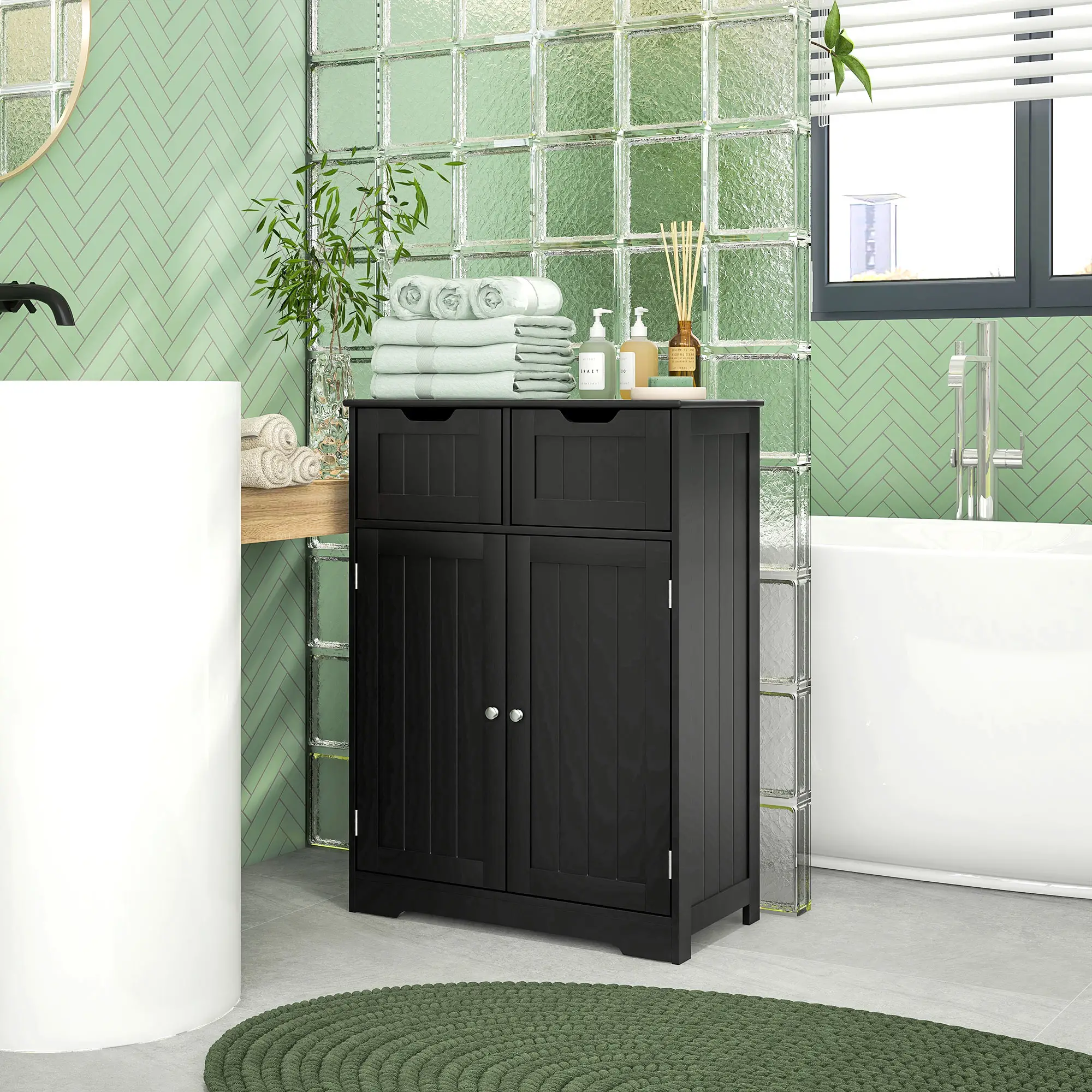 Bathroom Storage Cabinet, 2 Drawers, Adjustable Shelf, Black - Image 8