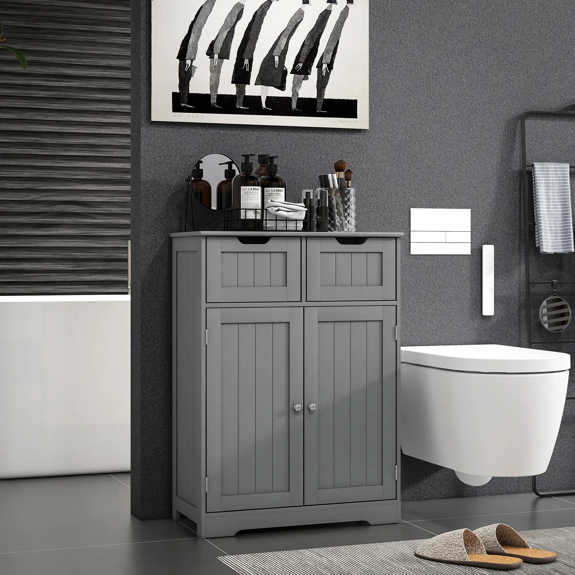 Bathroom Storage Cabinet, 2 Drawers, Adjustable Shelf, Grey - Image 2