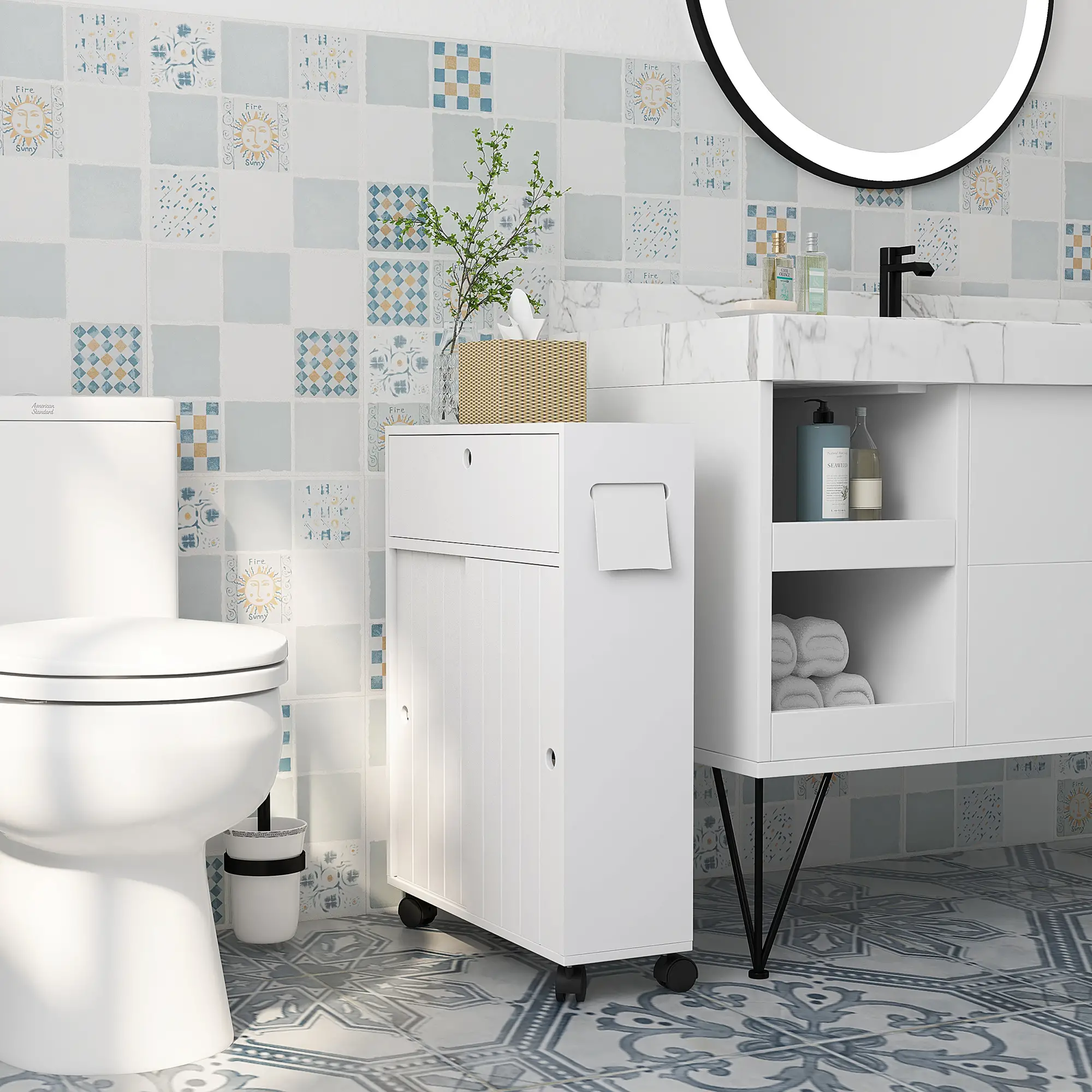 Bathroom Storage Cabinet, 20.5" x 6.75" x 26.5", Rolling Wheels, White - Image 2