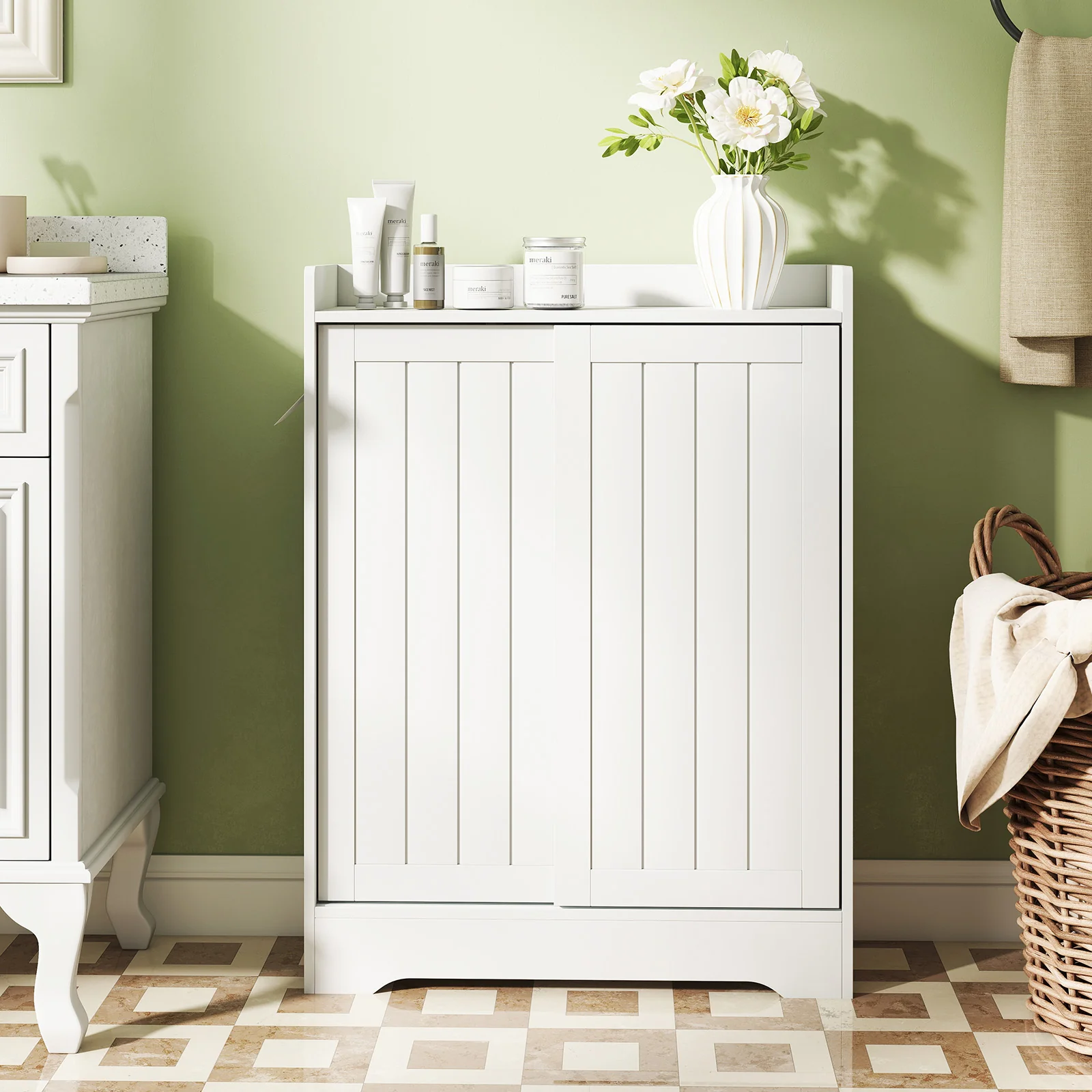 Bathroom Storage Cabinet Slim Floor Cabinet with Toilet Paper Holders, White - Image 2