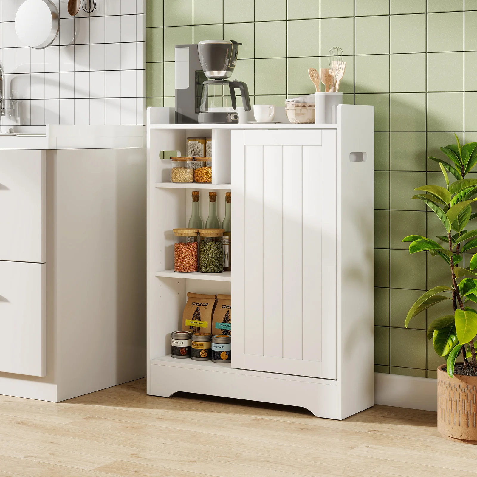 Bathroom Storage Cabinet Slim Floor Cabinet with Toilet Paper Holders, White - Image 3