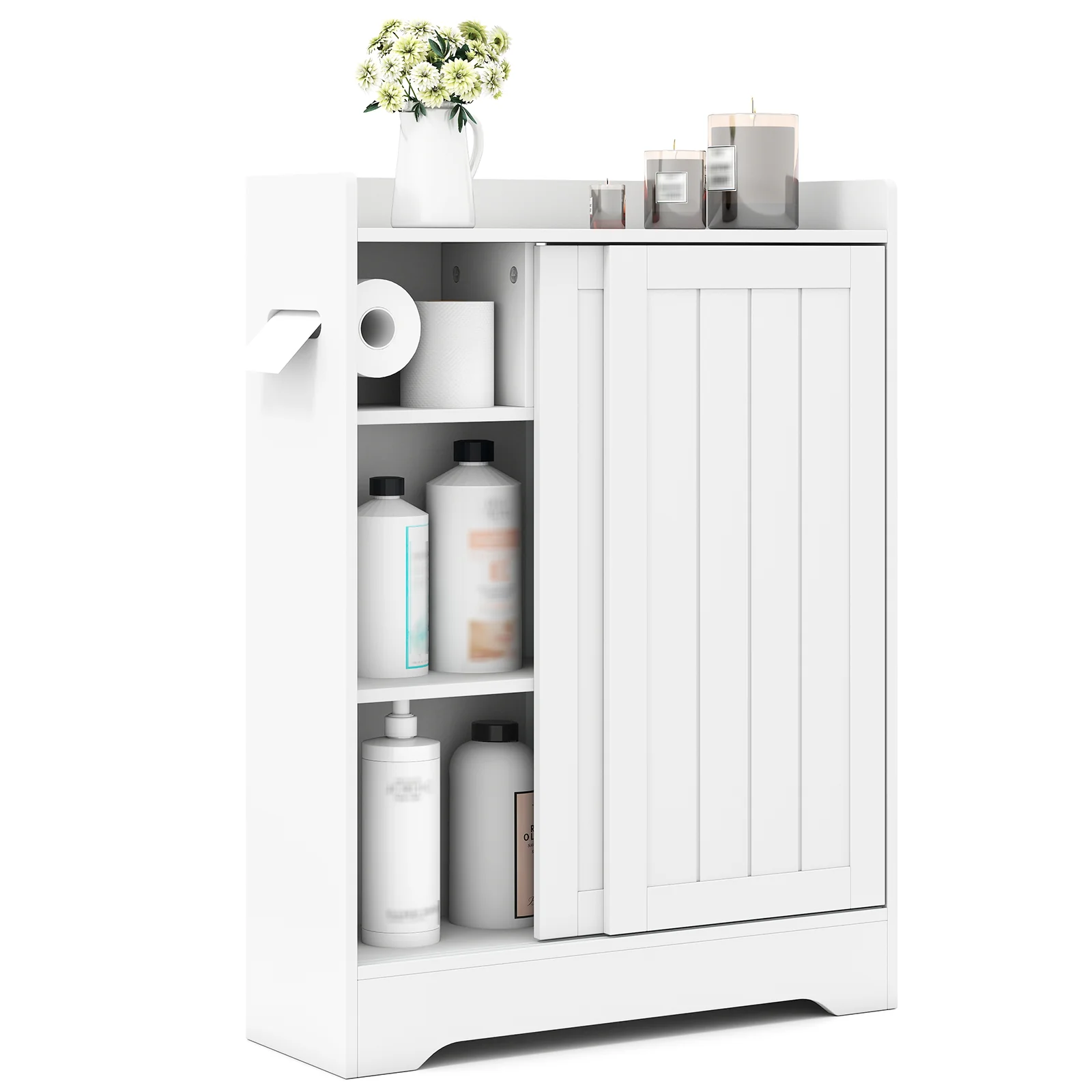 Bathroom Storage Cabinet Slim Floor Cabinet with Toilet Paper Holders, White - Image 6