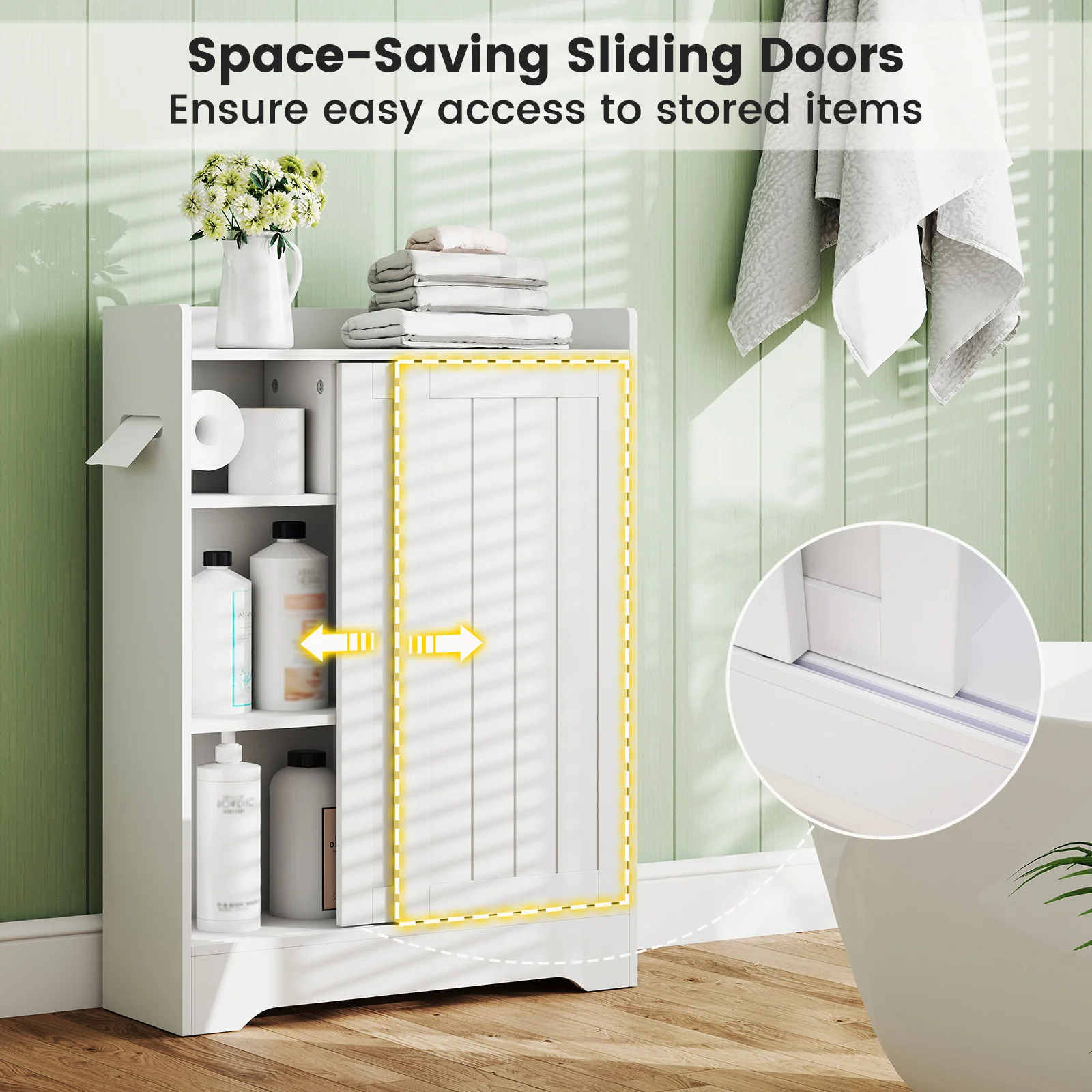 Bathroom Storage Cabinet Slim Floor Cabinet with Toilet Paper Holders, White - Image 7