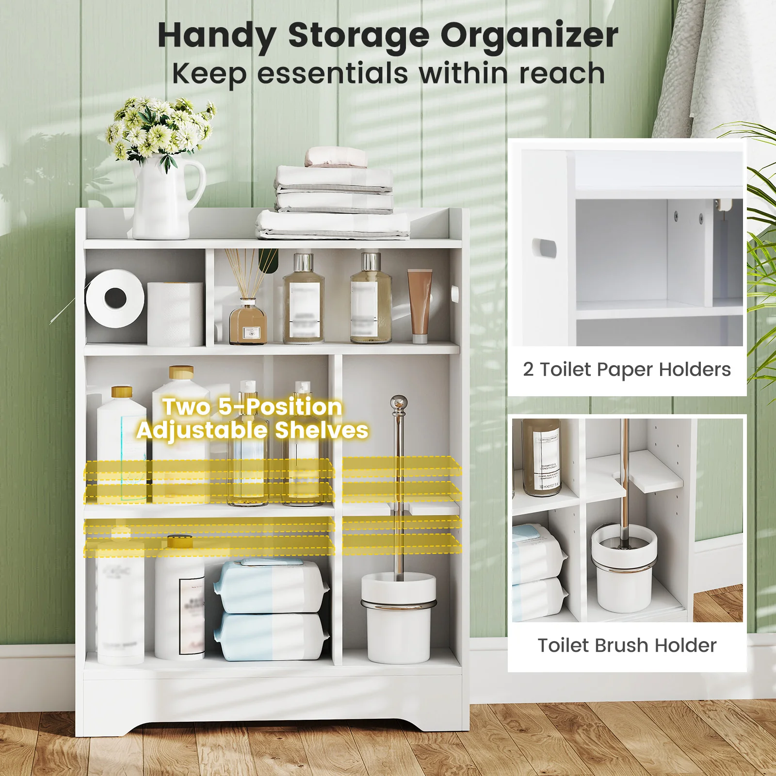 Bathroom Storage Cabinet Slim Floor Cabinet with Toilet Paper Holders, White - Image 8