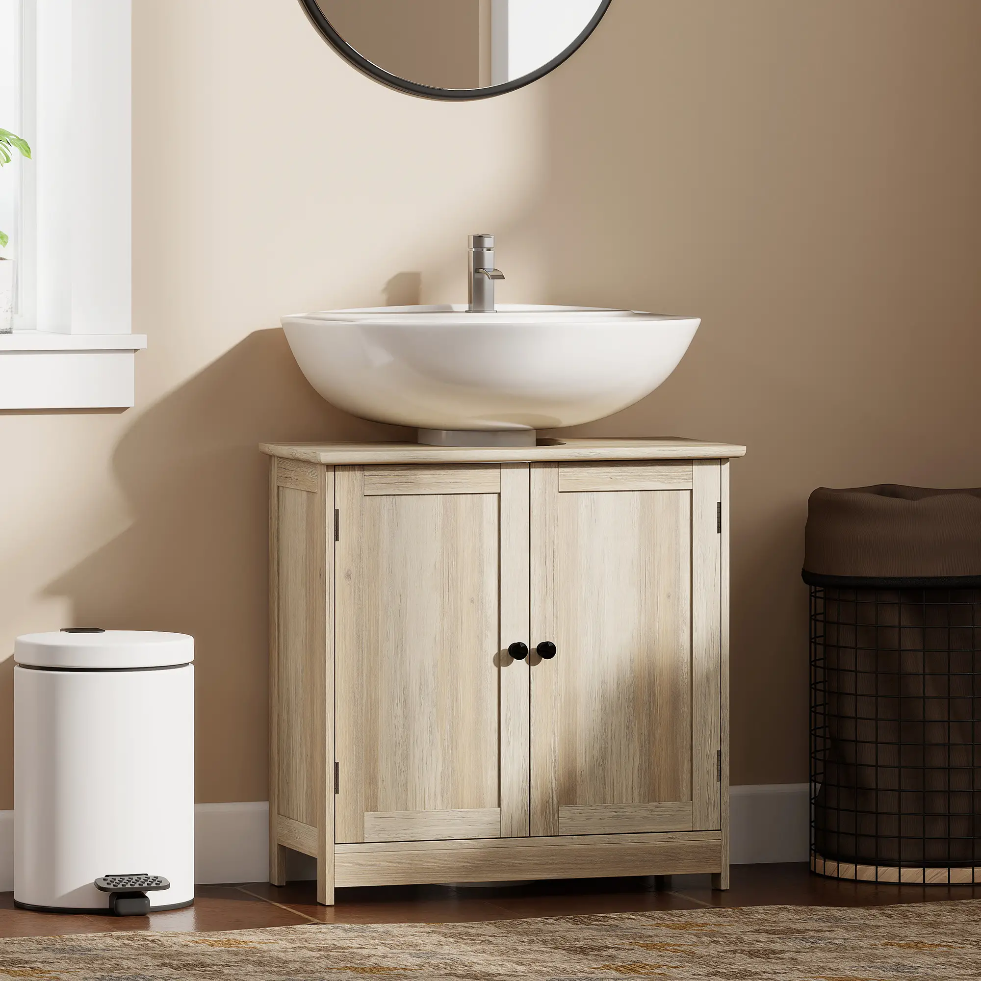Bathroom Vanity, 24" Pedestal Sink Bathroom Vanity Furniture with 2 Doors and Shelf, Grey Wood Grain - Image 2