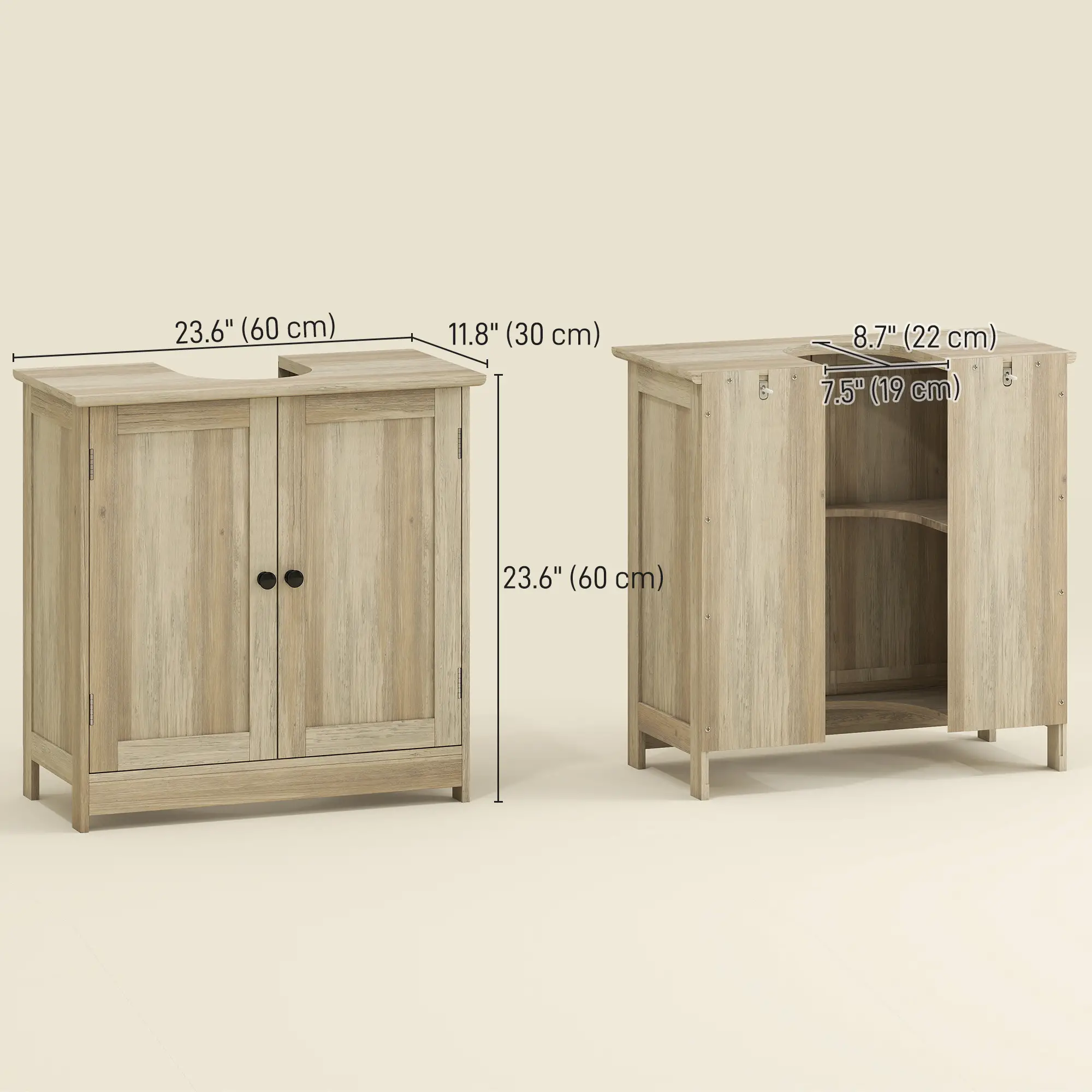 Bathroom Vanity, 24" Pedestal Sink Bathroom Vanity Furniture with 2 Doors and Shelf, Grey Wood Grain - Image 3