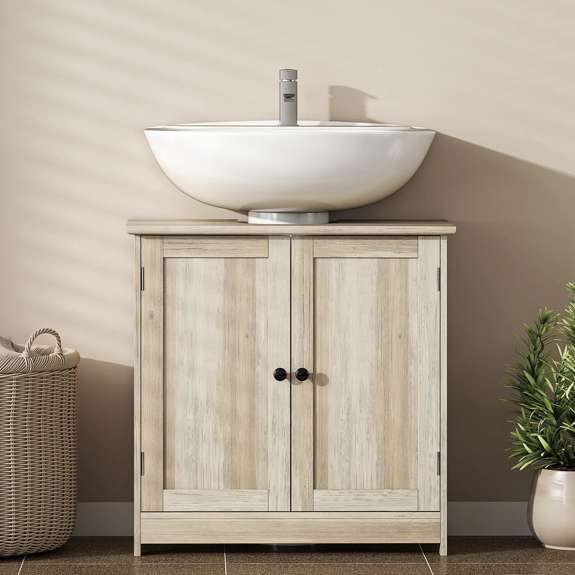 Bathroom Vanity, 24" Pedestal Sink Bathroom Vanity Furniture with 2 Doors and Shelf, Grey Wood Grain - Image 6