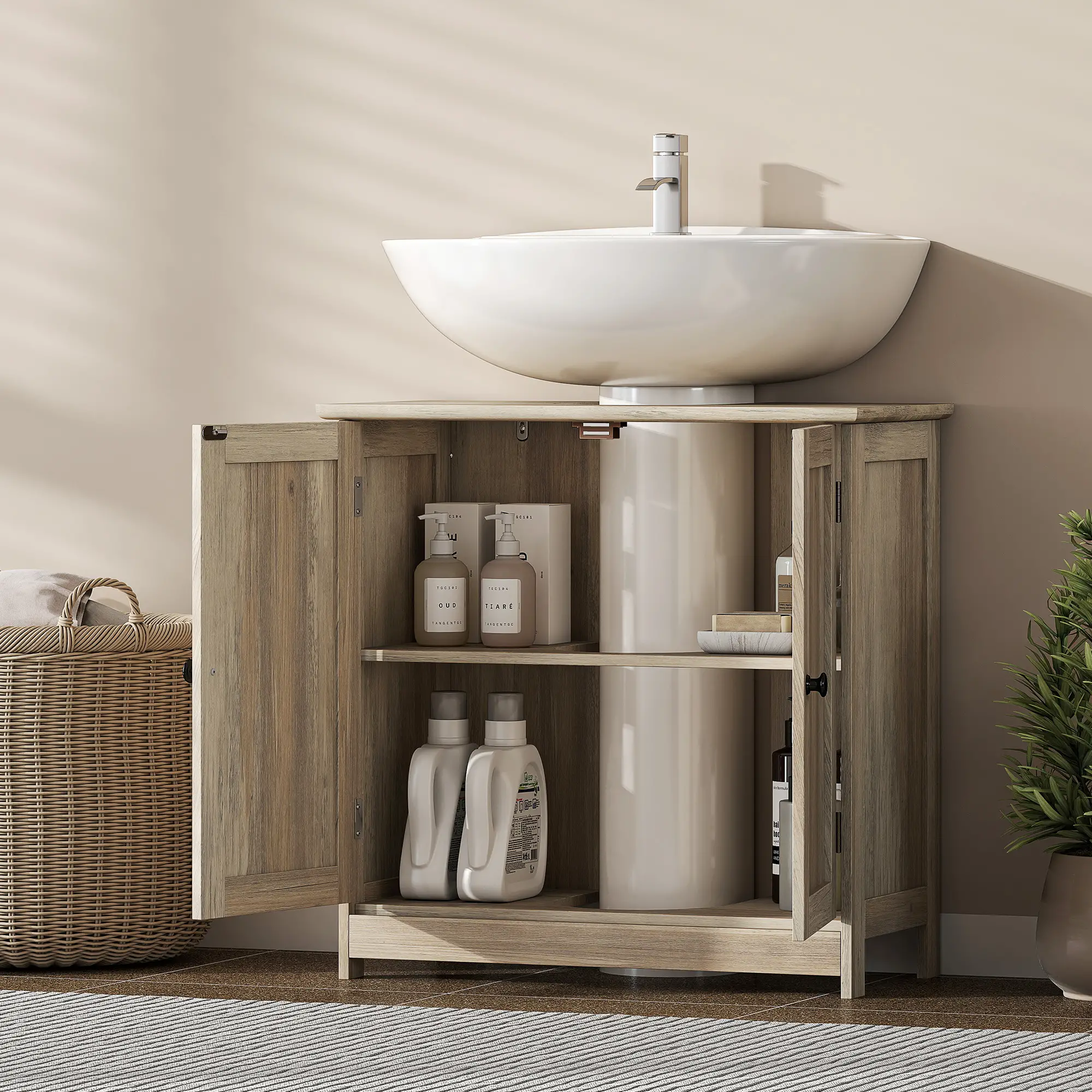 Bathroom Vanity, 24" Pedestal Sink Bathroom Vanity Furniture with 2 Doors and Shelf, Grey Wood Grain - Image 7