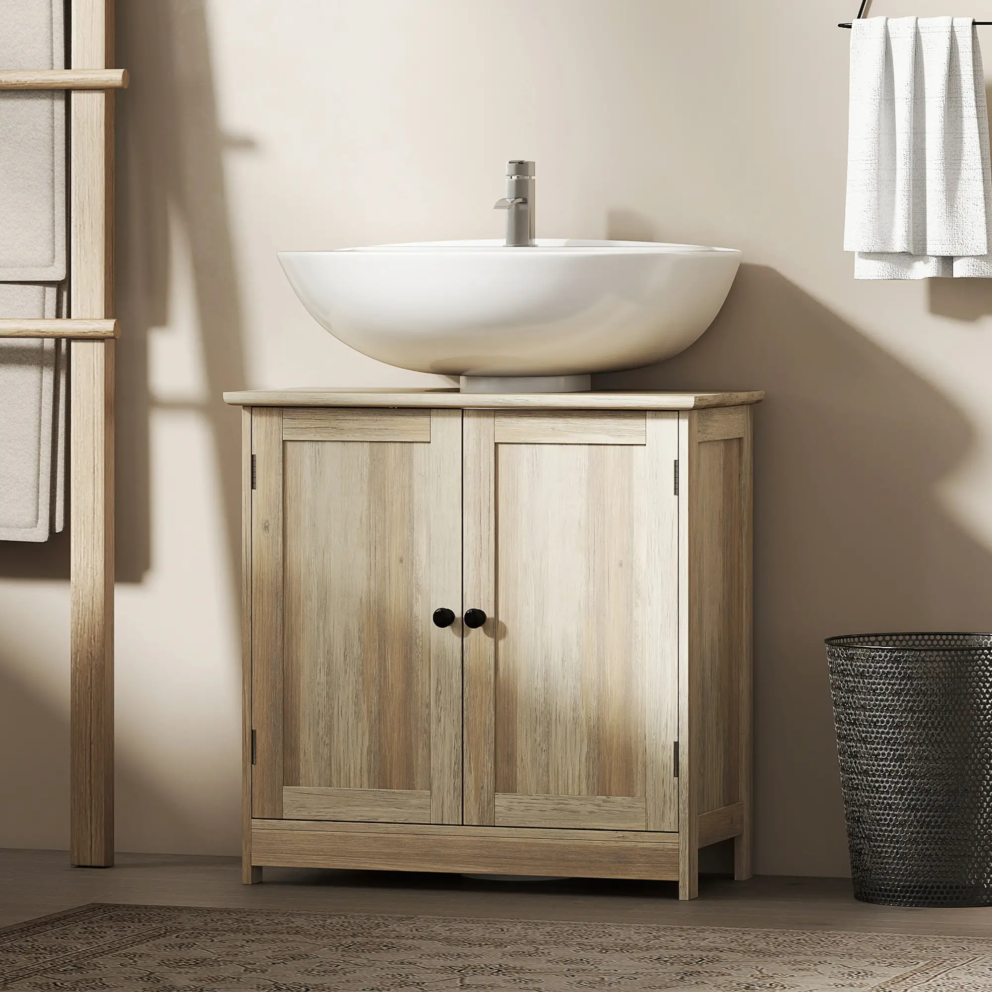 Bathroom Vanity, 24" Pedestal Sink Bathroom Vanity Furniture with 2 Doors and Shelf, Grey Wood Grain - Image 8