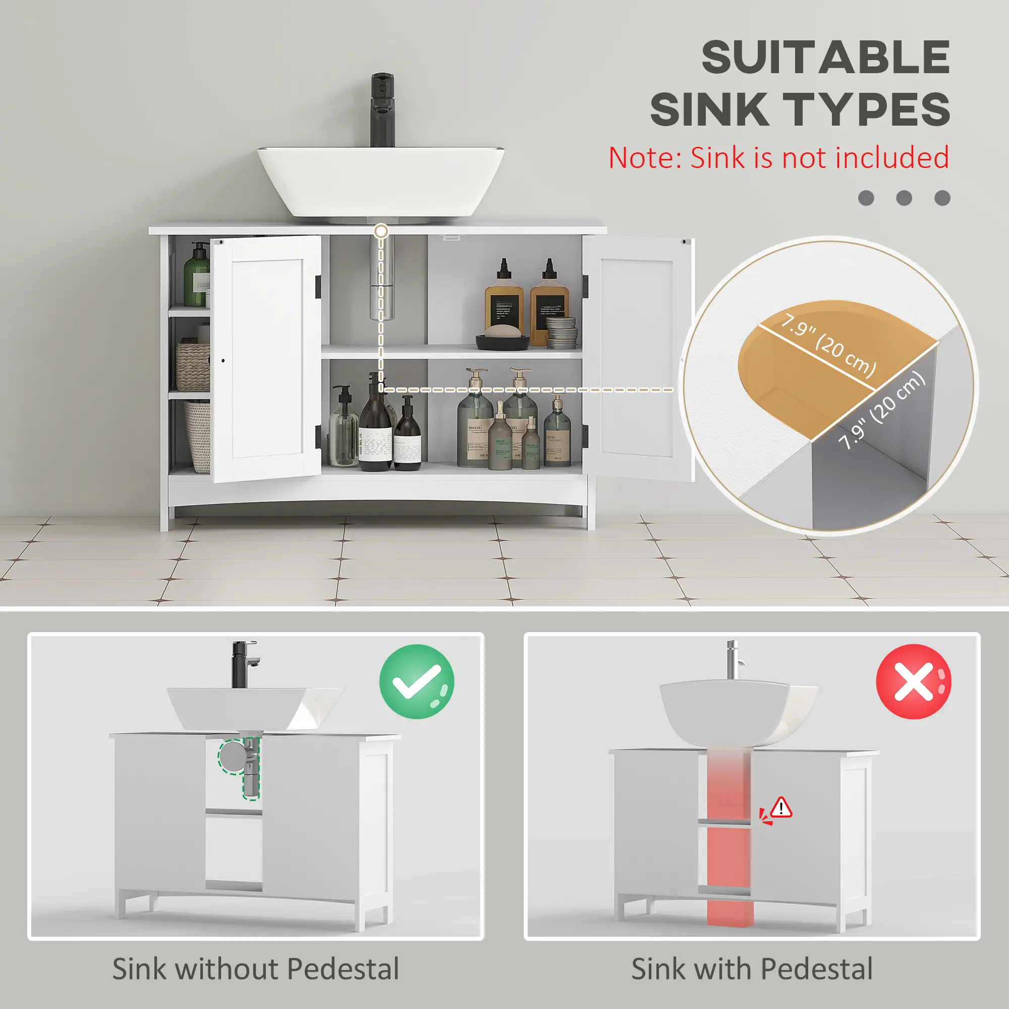 Bathroom Vanity Cabinet, Under Sink Storage, Double Doors, White - Image 4
