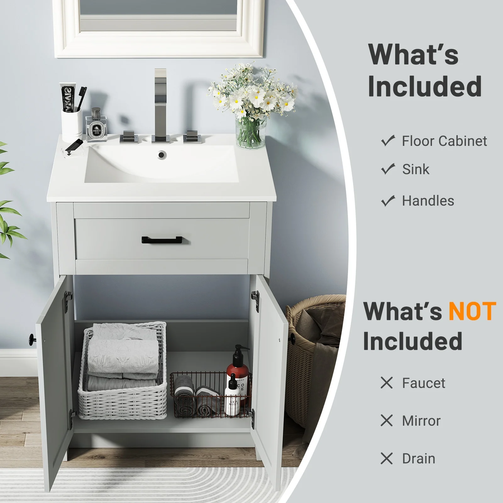 Bathroom Vanity Unit With Basin, 2 Doors, Gray - Image 10