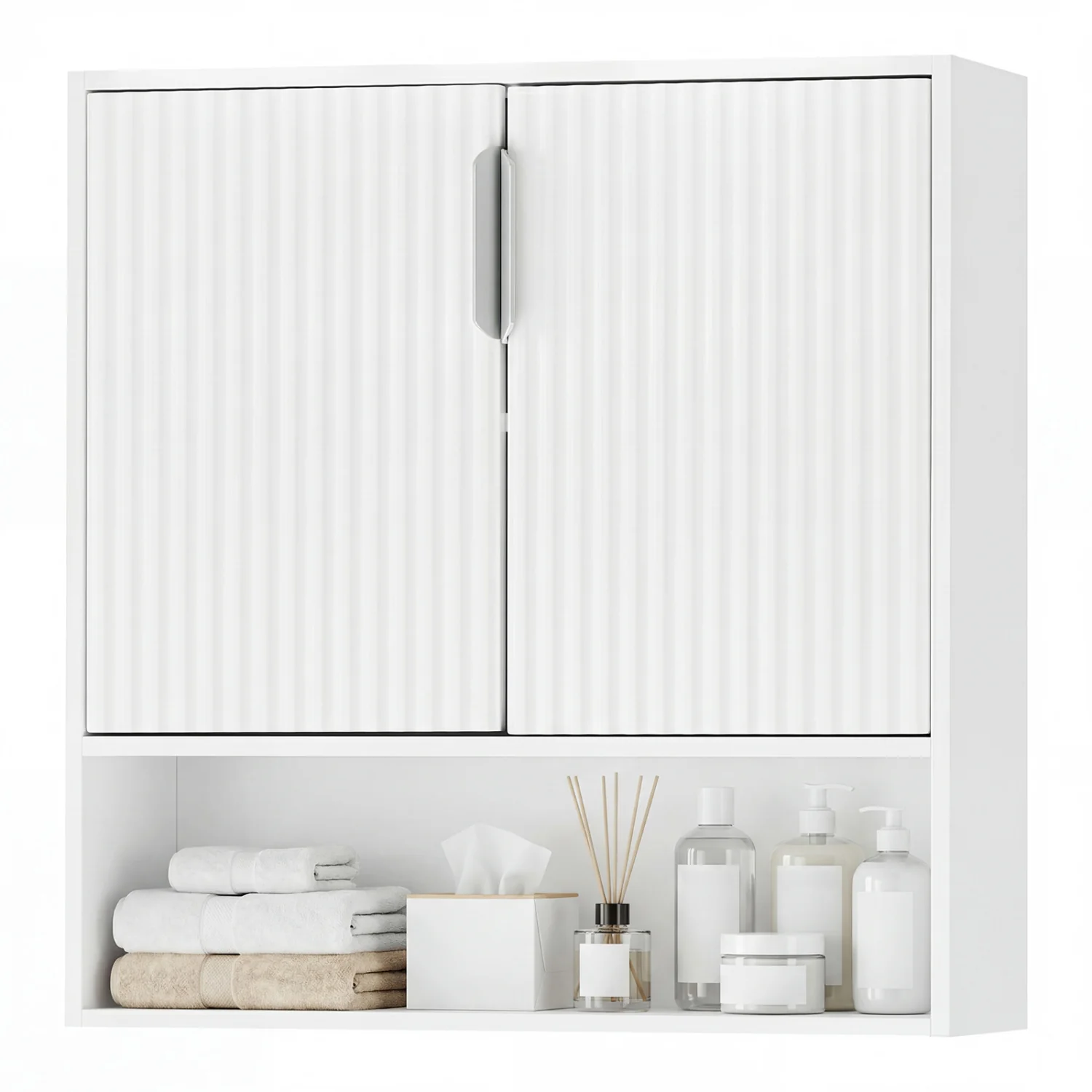 Bathroom Wall Cabinet, 2 Fluted Doors, Open Cube, Adjustable Shelf, White
