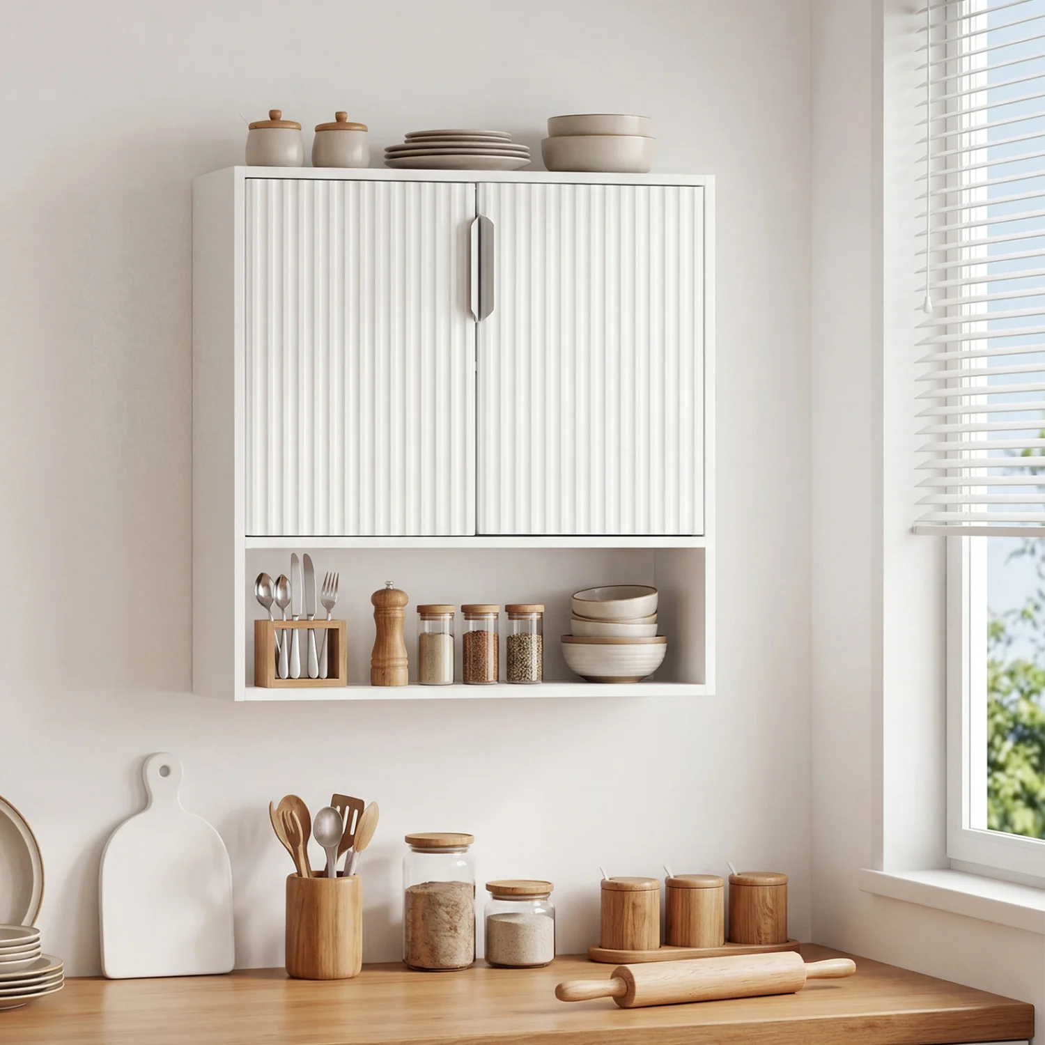 Bathroom Wall Cabinet, 2 Fluted Doors, Open Cube, Adjustable Shelf, White - Image 2