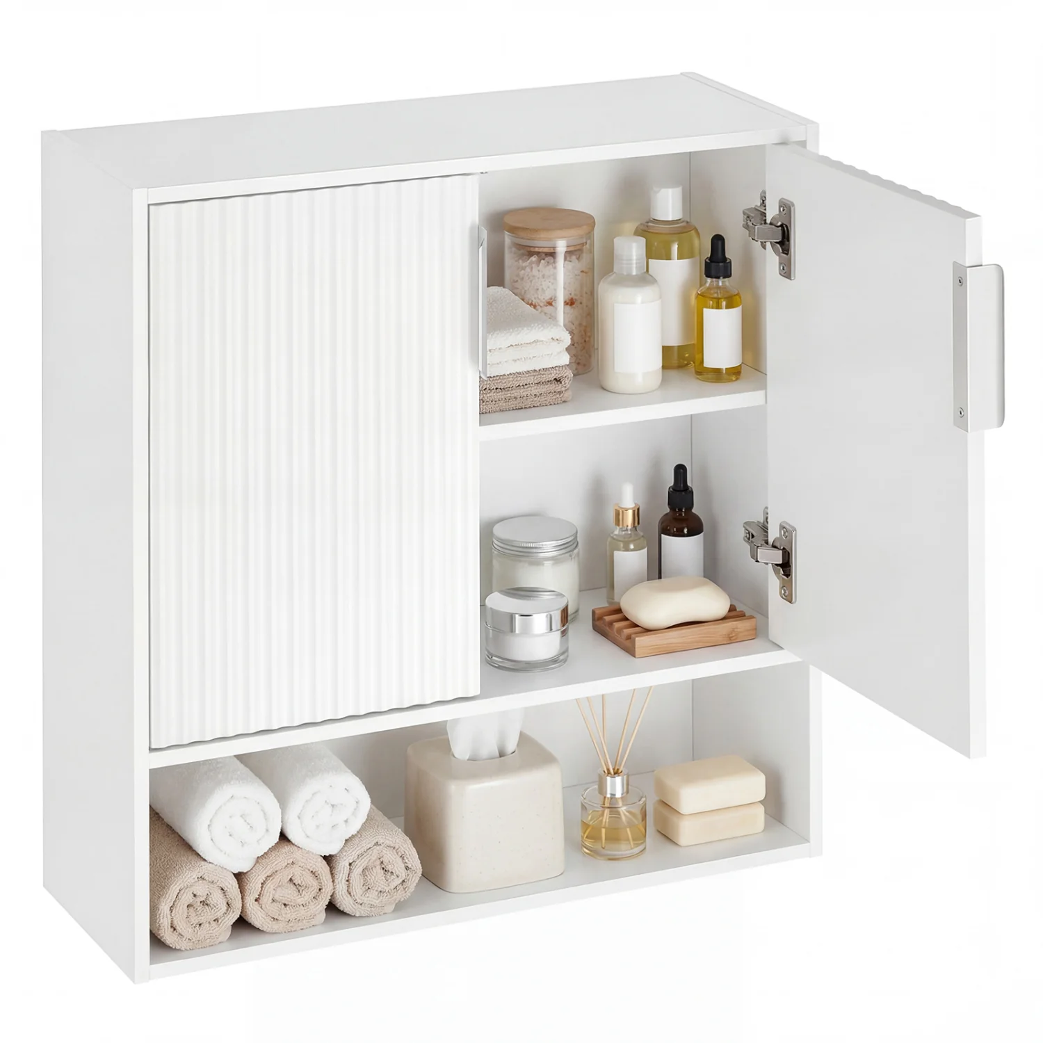 Bathroom Wall Cabinet, 2 Fluted Doors, Open Cube, Adjustable Shelf, White - Image 3