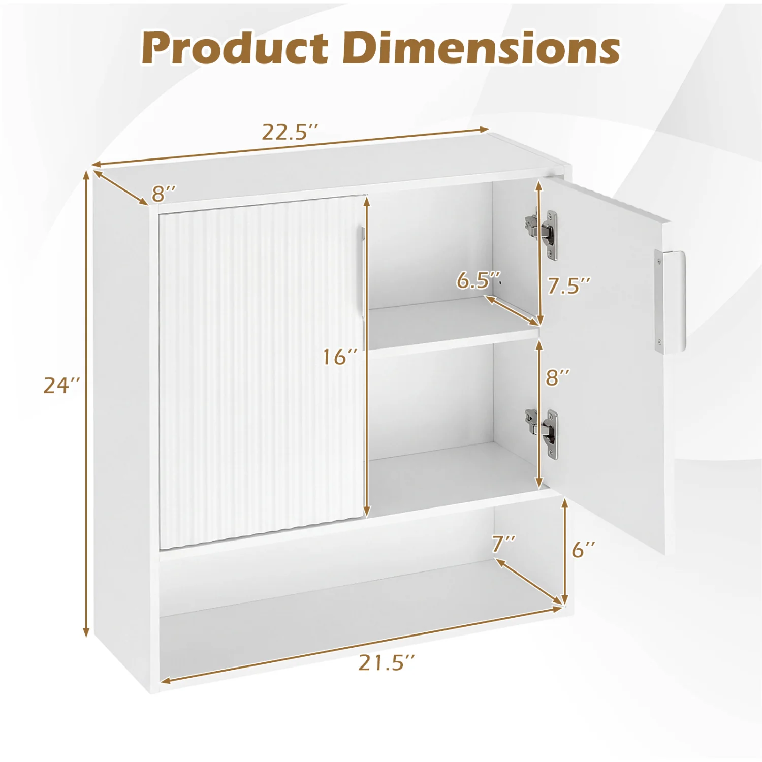 Bathroom Wall Cabinet, 2 Fluted Doors, Open Cube, Adjustable Shelf, White - Image 4