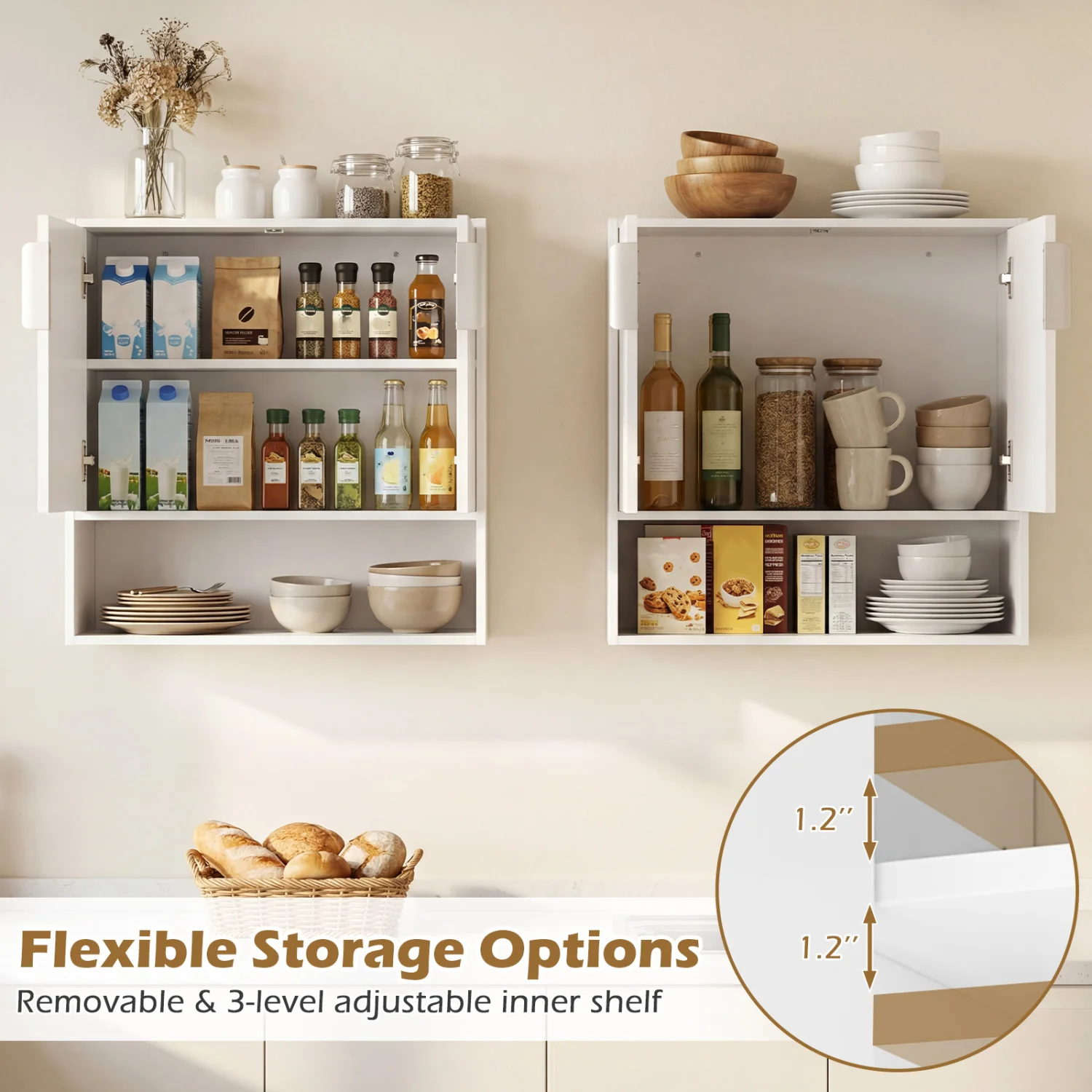 Bathroom Wall Cabinet, 2 Fluted Doors, Open Cube, Adjustable Shelf, White - Image 5