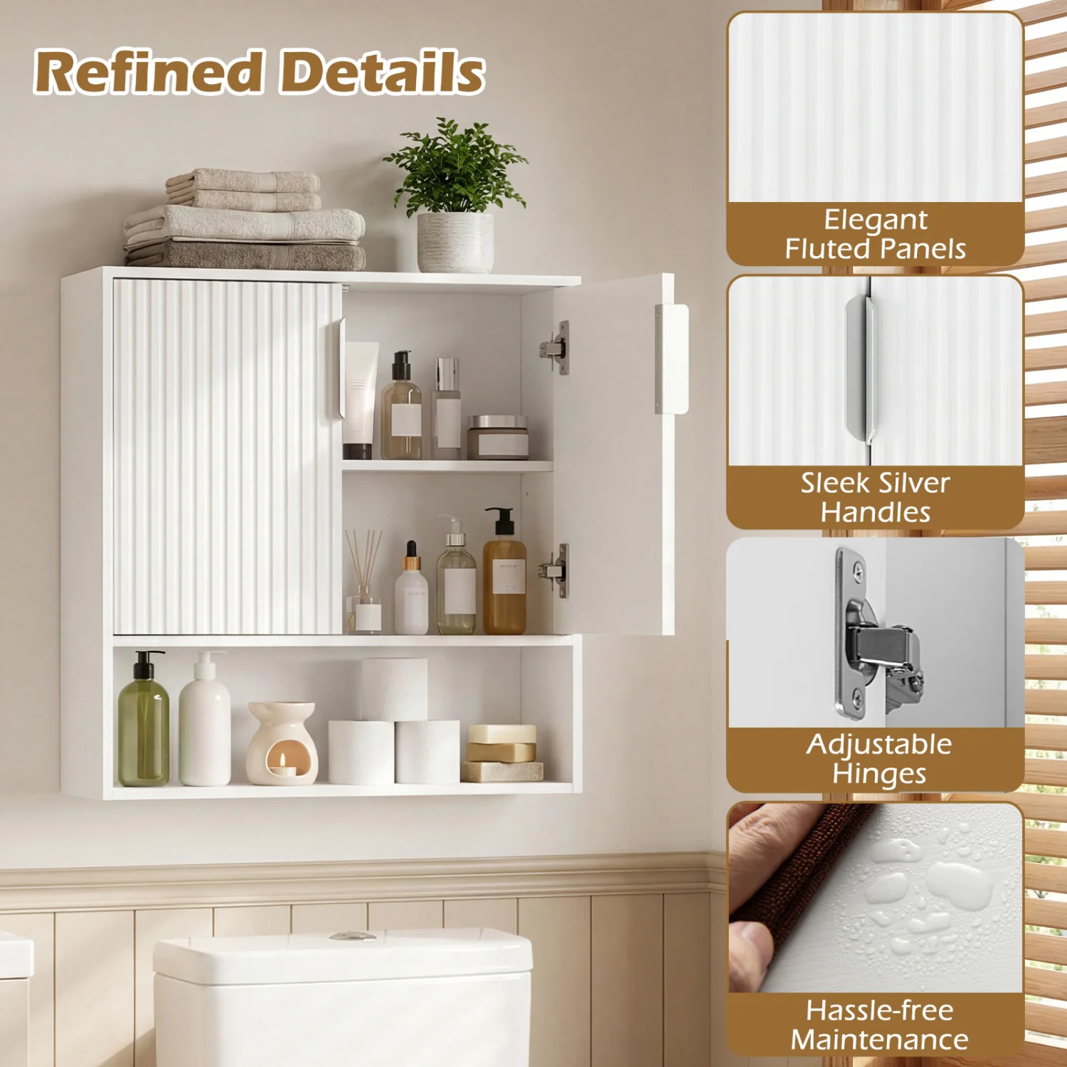 Bathroom Wall Cabinet, 2 Fluted Doors, Open Cube, Adjustable Shelf, White - Image 6