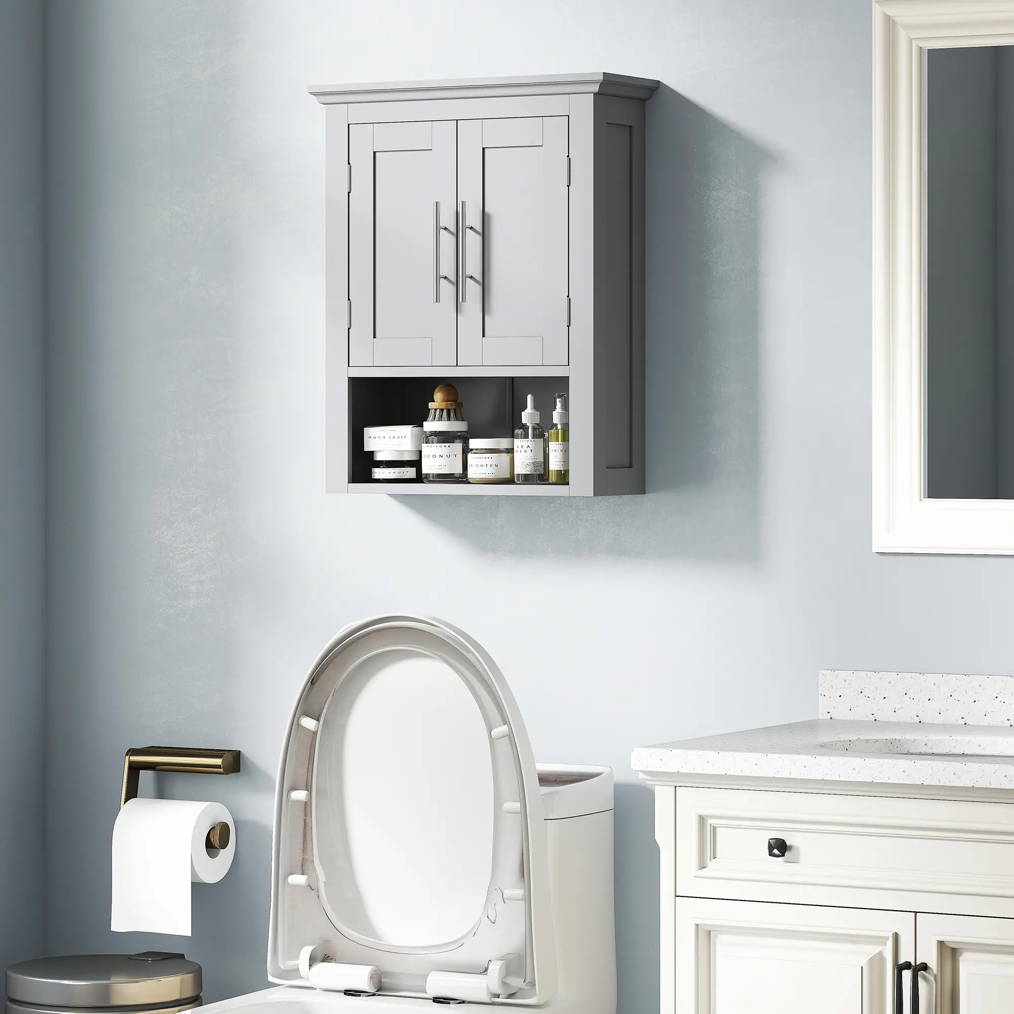Bathroom Wall Cabinet, Medicine Storage with Shelf, Grey - Image 2