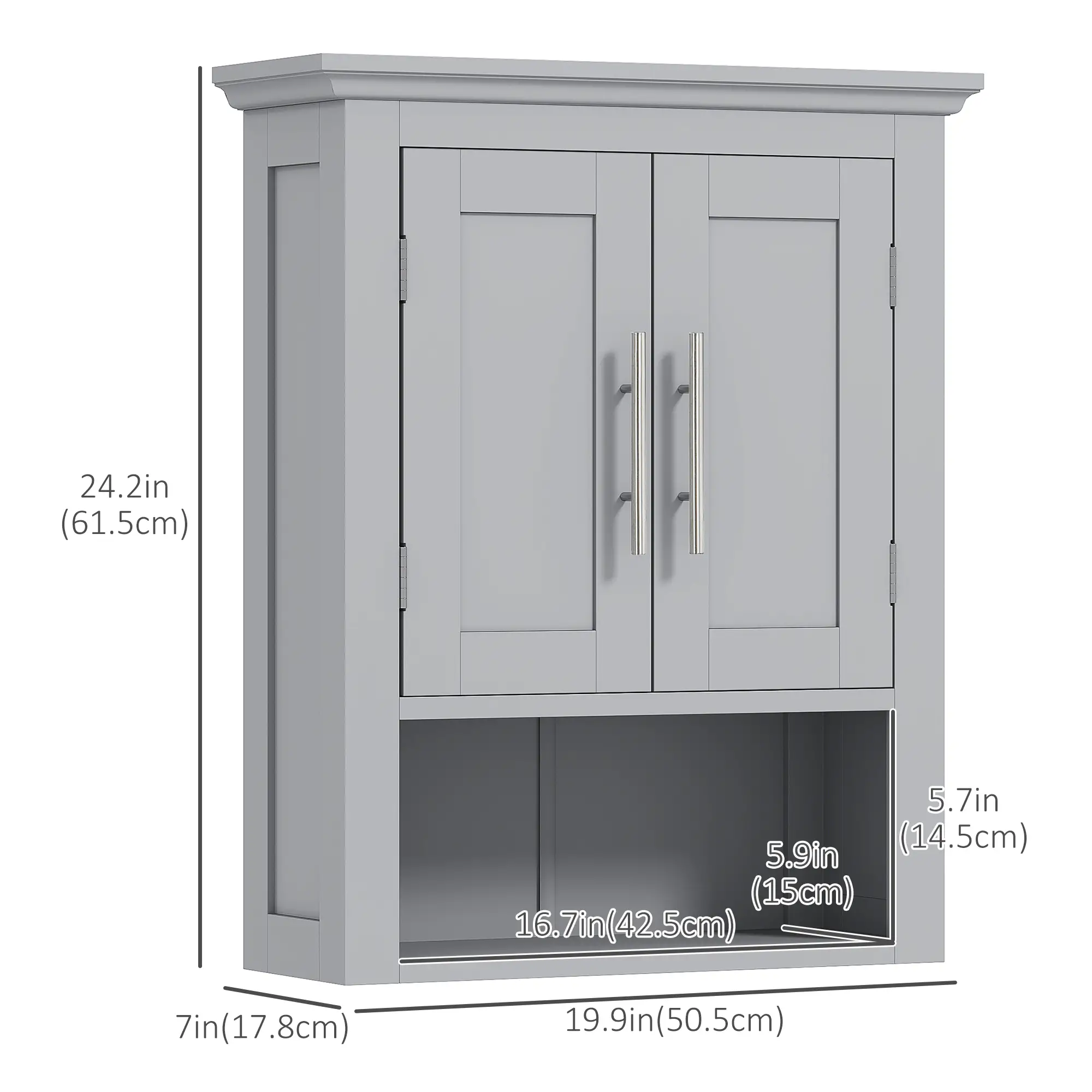 Bathroom Wall Cabinet, Medicine Storage with Shelf, Grey - Image 3