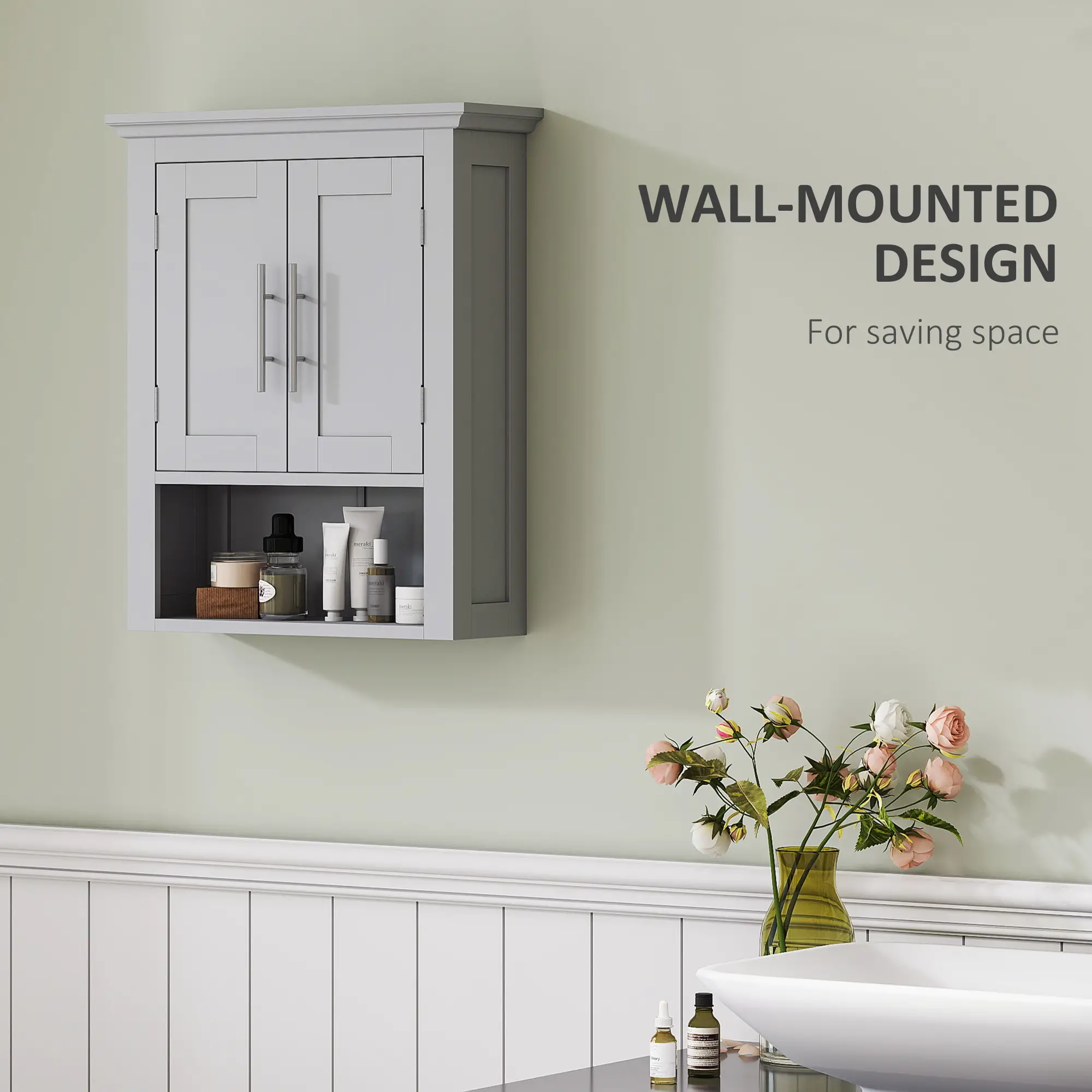 Bathroom Wall Cabinet, Medicine Storage with Shelf, Grey - Image 6