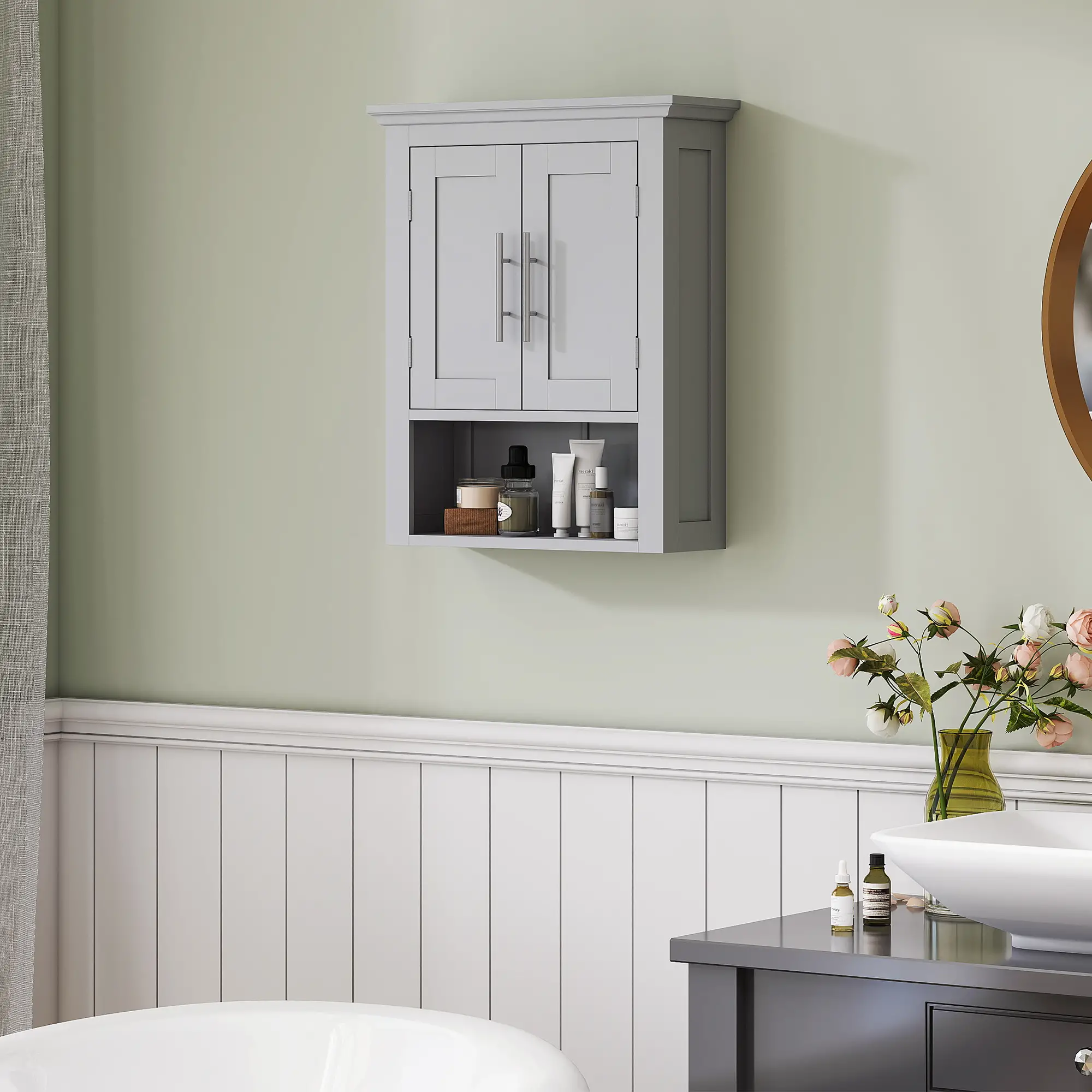 Bathroom Wall Cabinet, Medicine Storage with Shelf, Grey - Image 8