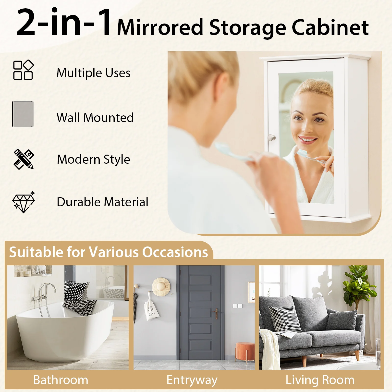 Bathroom Wall Cabinet, Single Mirror Door, White - Image 10
