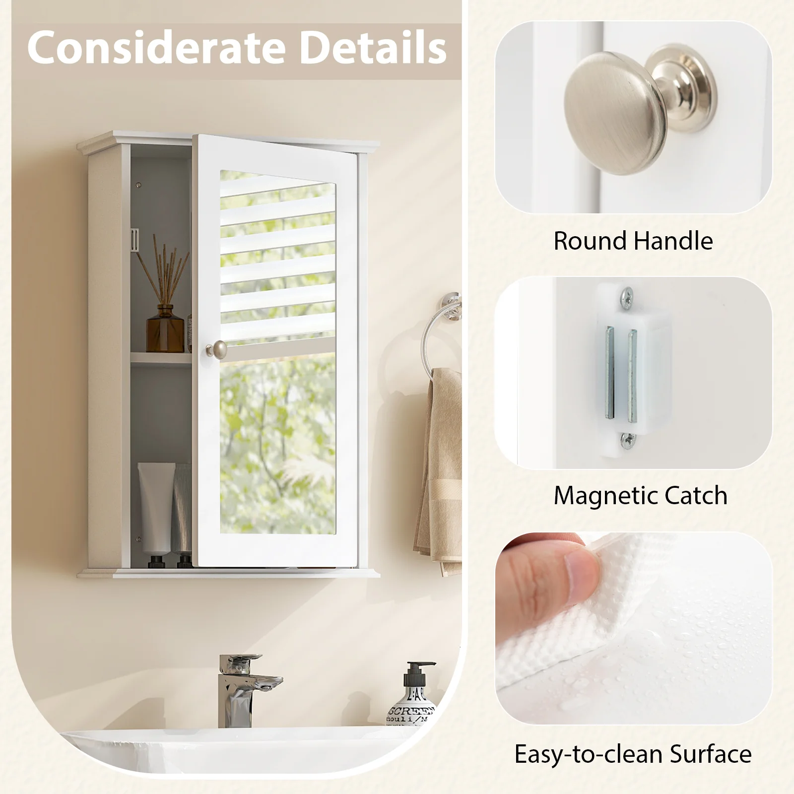 Bathroom Wall Cabinet, Single Mirror Door, White - Image 9