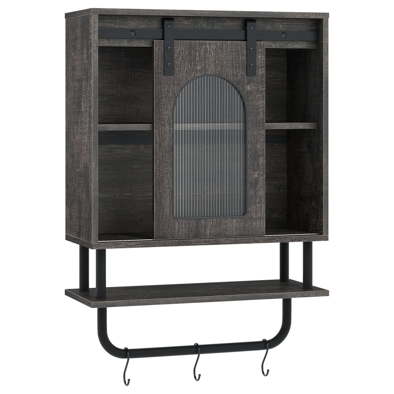 Bathroom Wall Cabinet, Sliding Barn Door, Metal Hanging Bar, 3 Hooks, Black