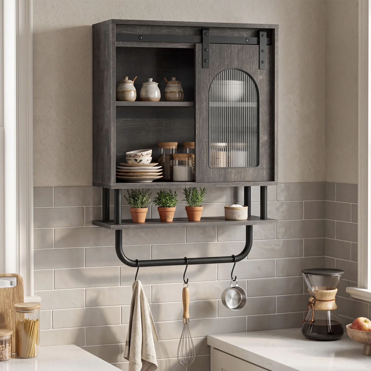 Bathroom Wall Cabinet, Sliding Barn Door, Metal Hanging Bar, 3 Hooks, Black - Image 2