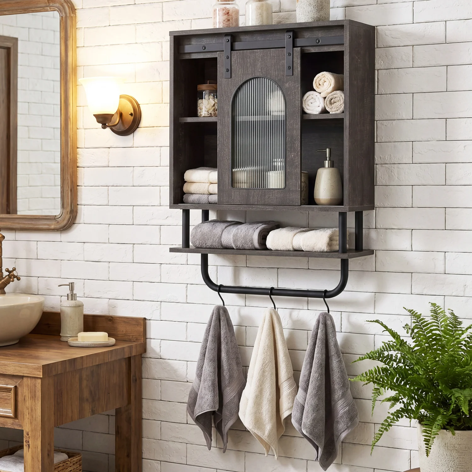 Bathroom Wall Cabinet, Sliding Barn Door, Metal Hanging Bar, 3 Hooks, Black - Image 3