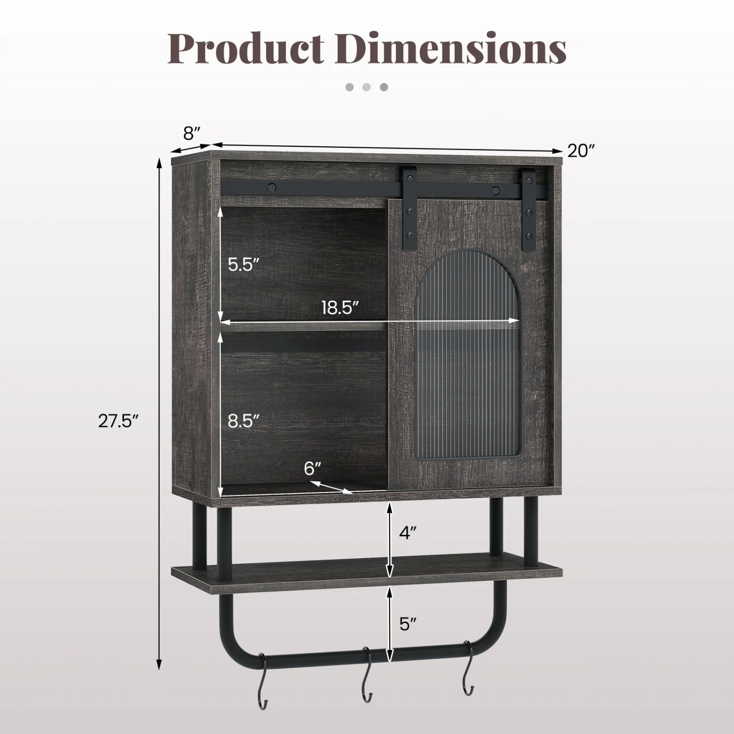 Bathroom Wall Cabinet, Sliding Barn Door, Metal Hanging Bar, 3 Hooks, Black - Image 4