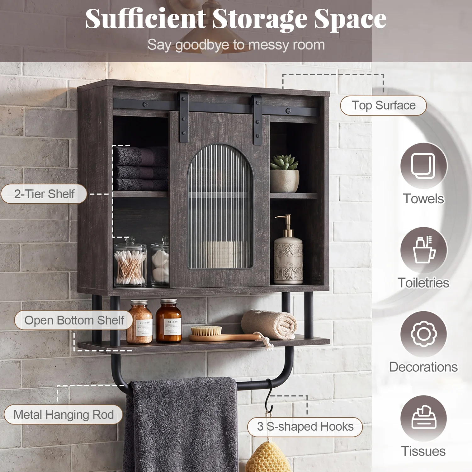 Bathroom Wall Cabinet, Sliding Barn Door, Metal Hanging Bar, 3 Hooks, Black - Image 5