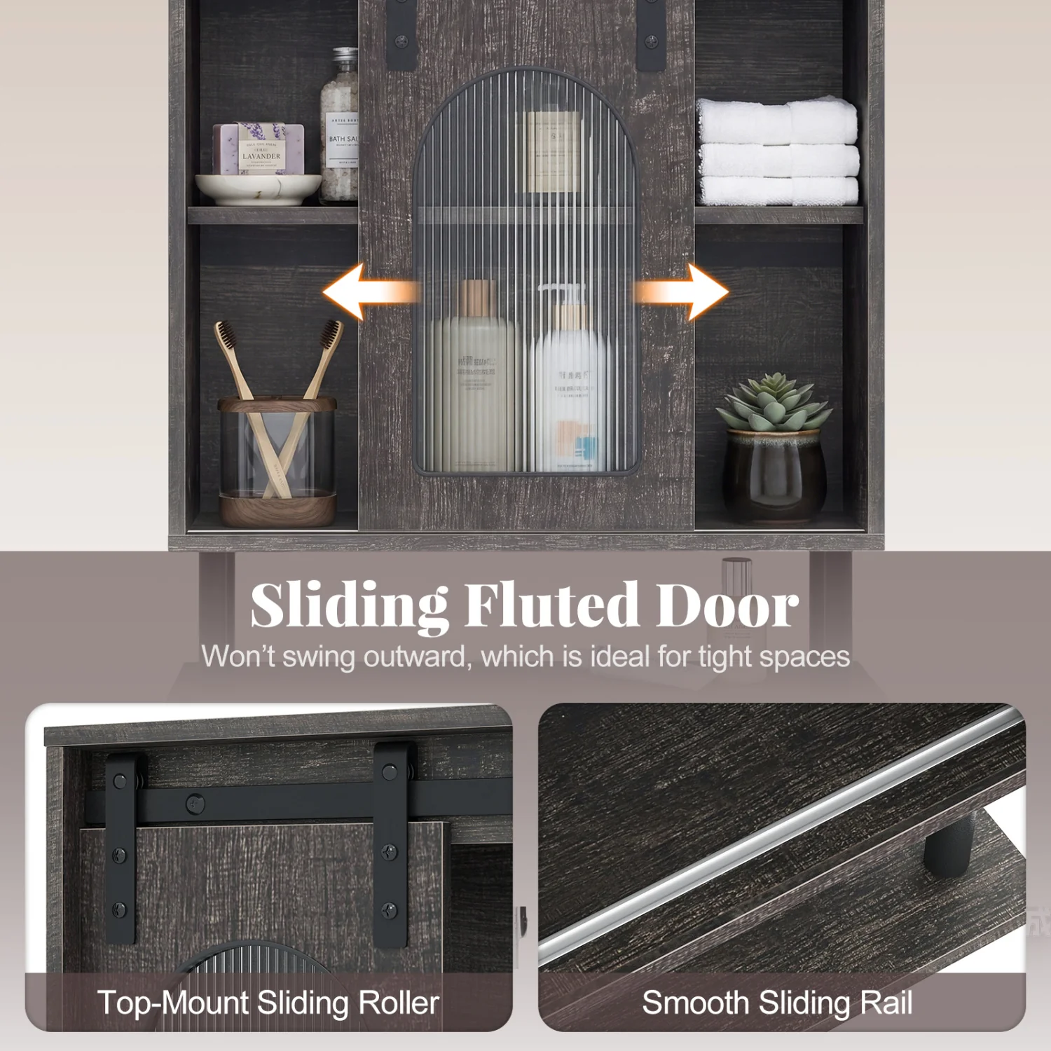 Bathroom Wall Cabinet, Sliding Barn Door, Metal Hanging Bar, 3 Hooks, Black - Image 6